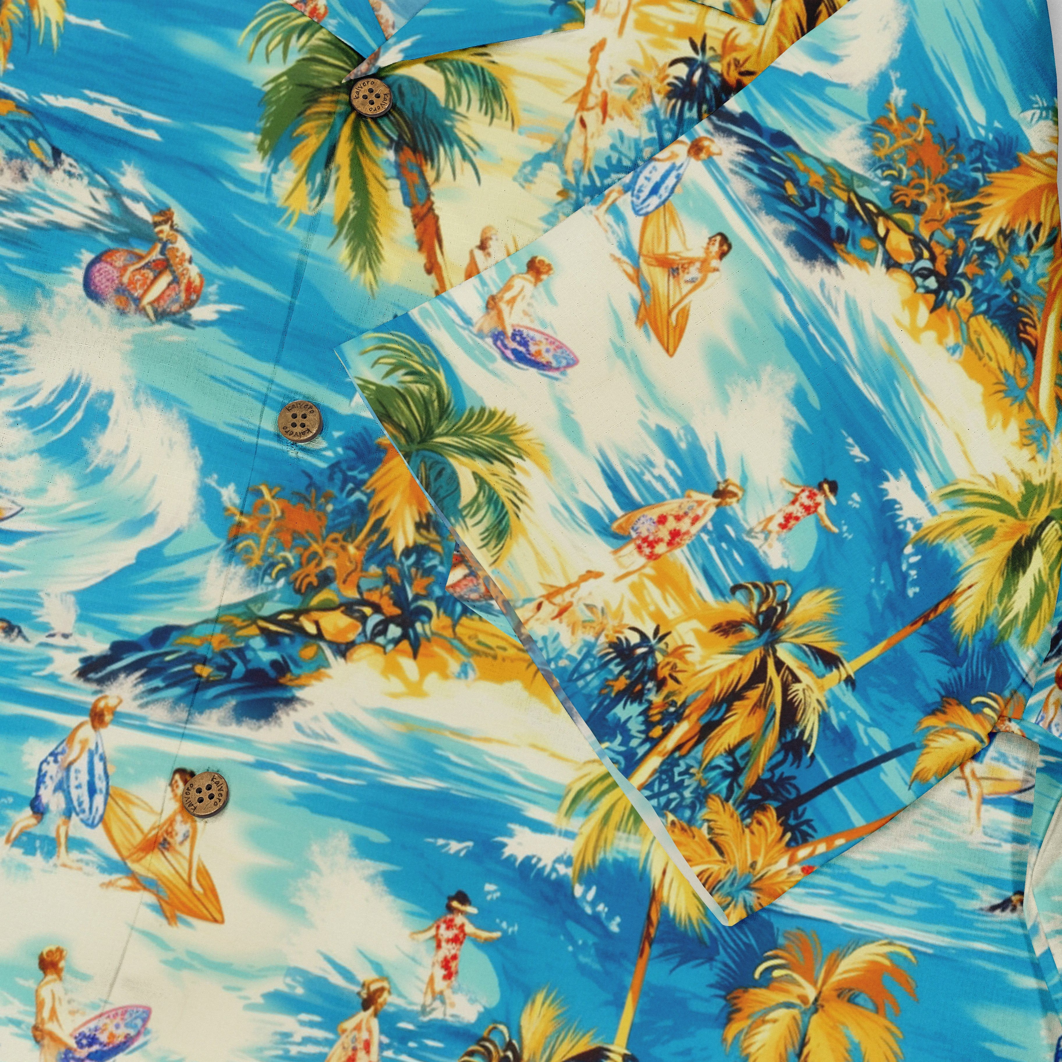 Vibrant tropical shirt with beach scenes, palm trees, surfers.