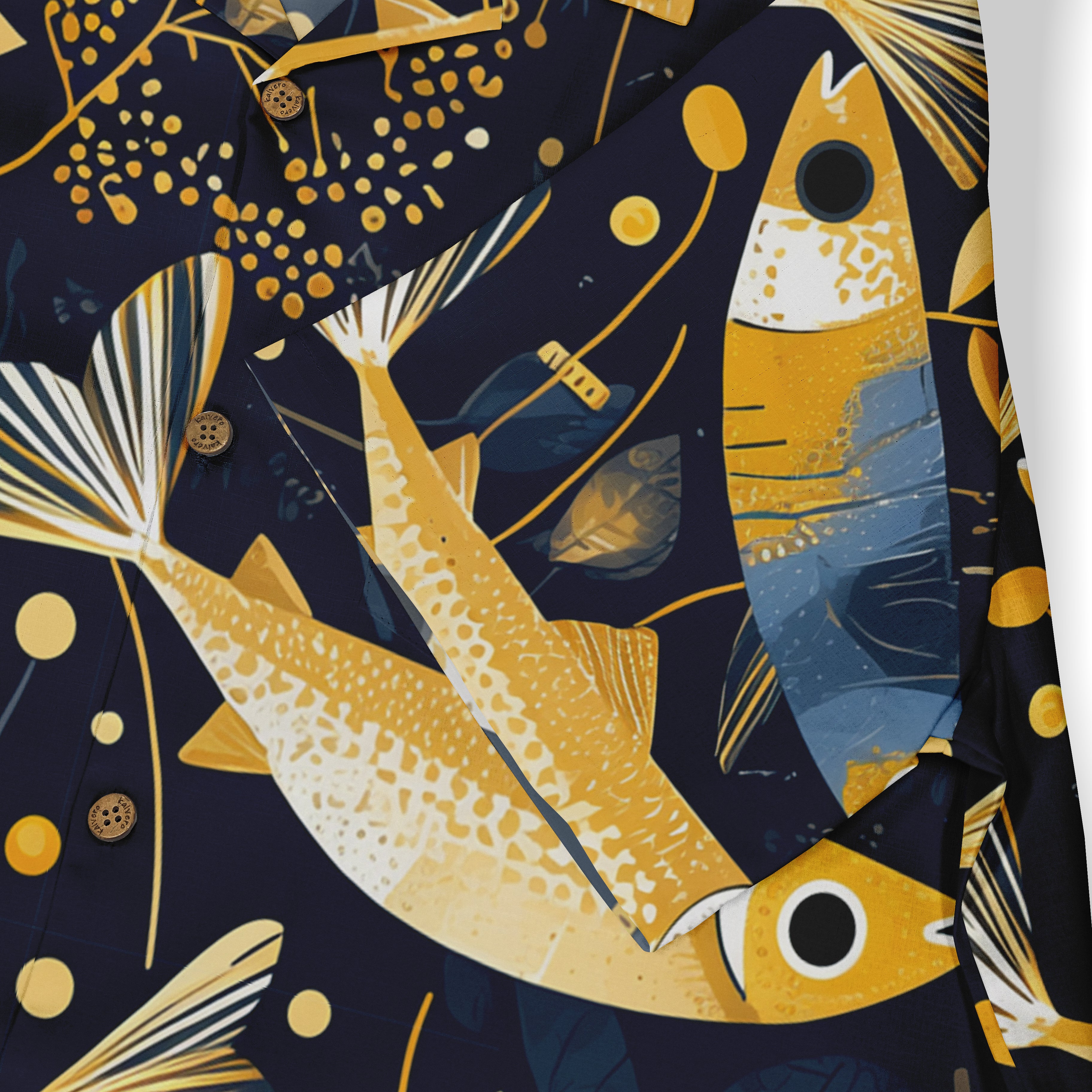 Navy blue shirt with vibrant yellow fish and abstract patterns.