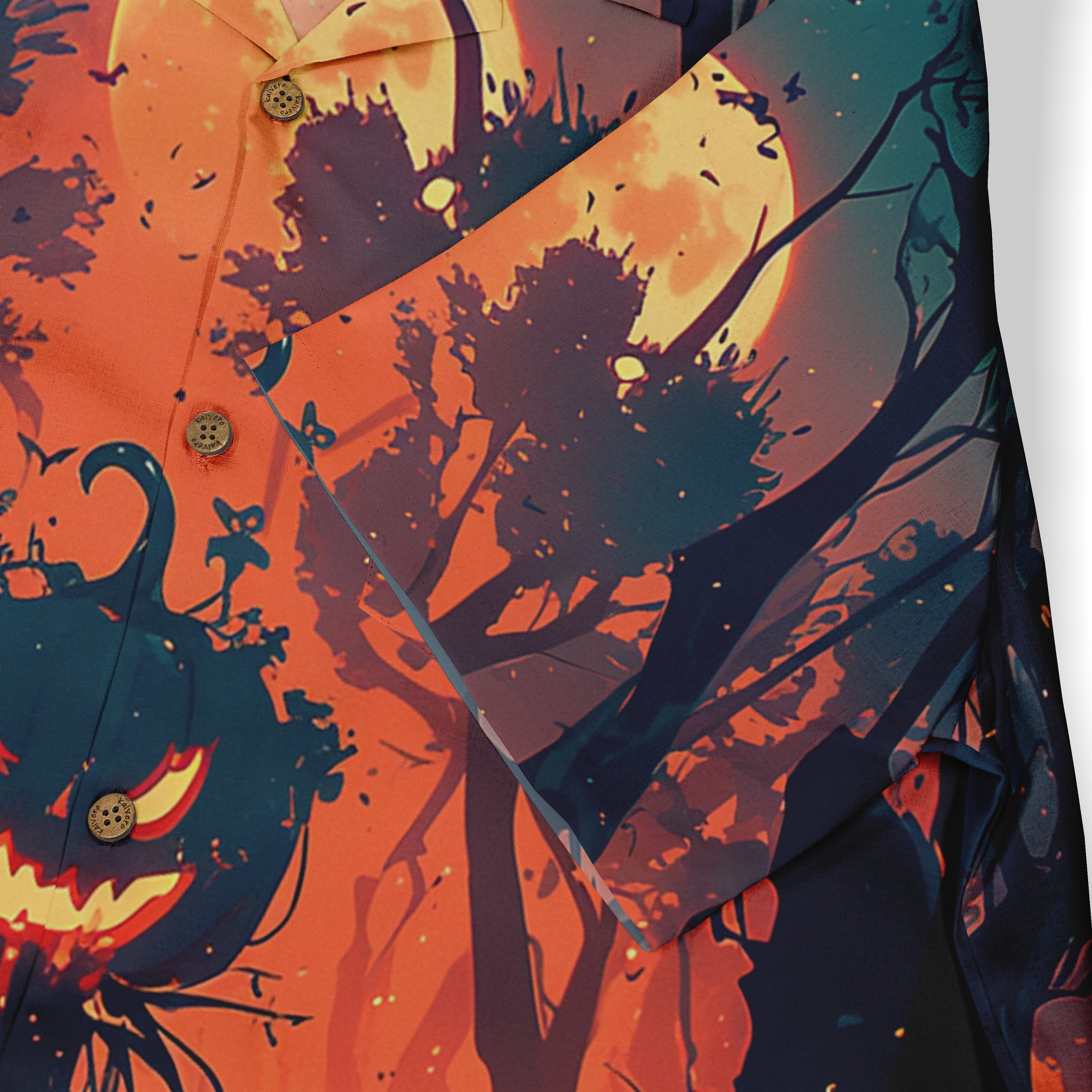 Vibrant Halloween-themed shirt with pumpkin, owl, and tree.