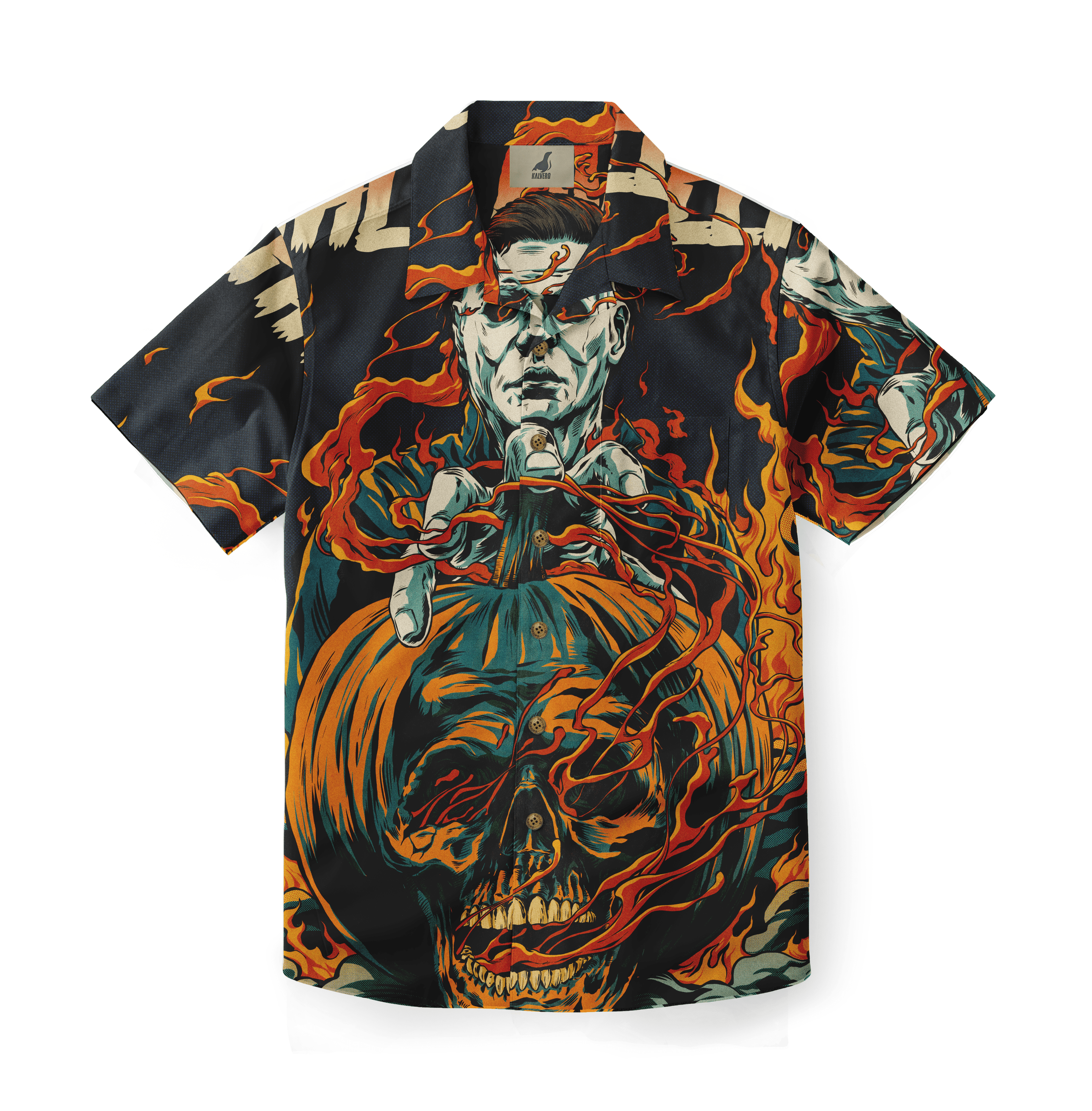 Dark Hawaiian shirt with fiery skull and man graphic, vibrant orange.
