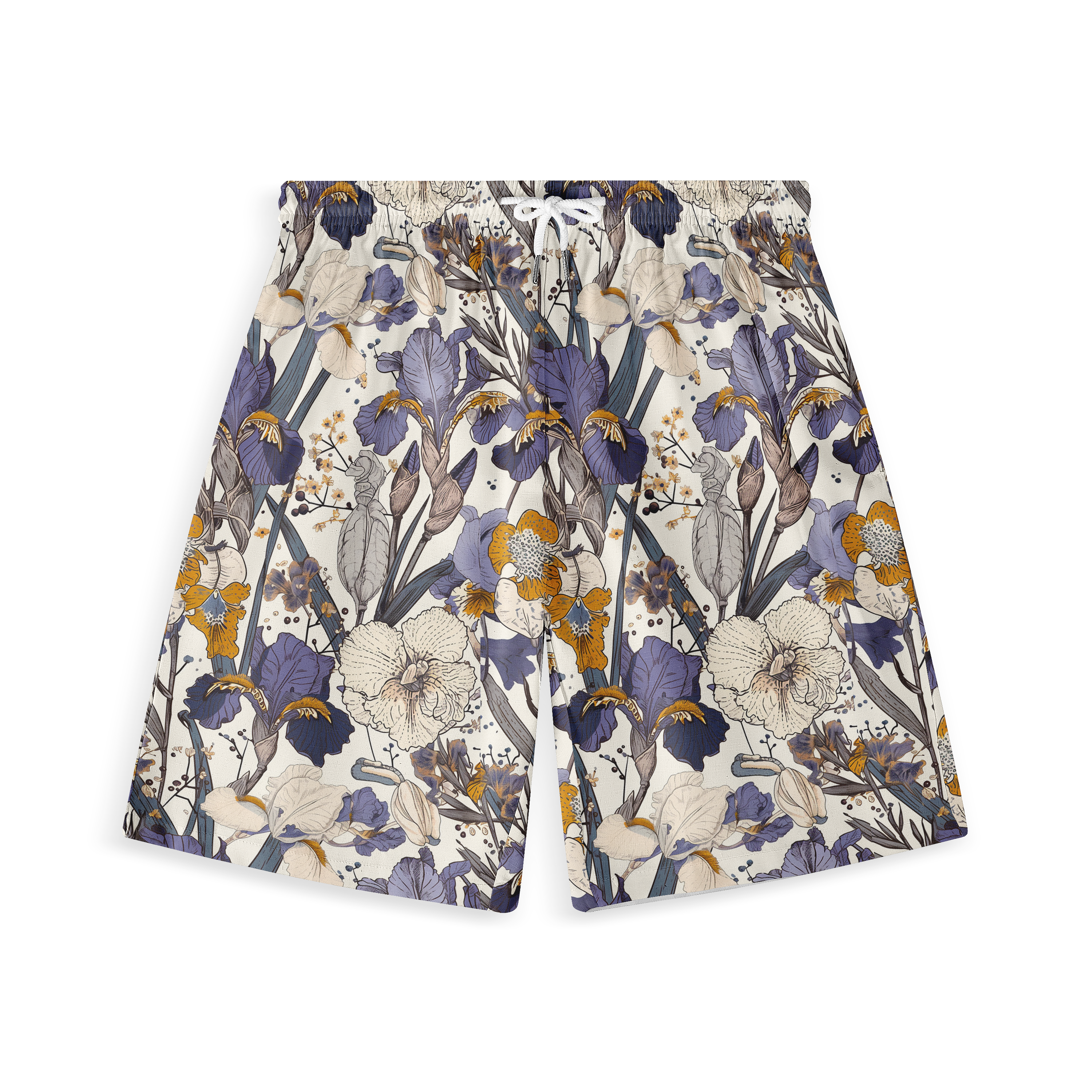 Floral shorts with blue, white, and yellow flowers on cream.