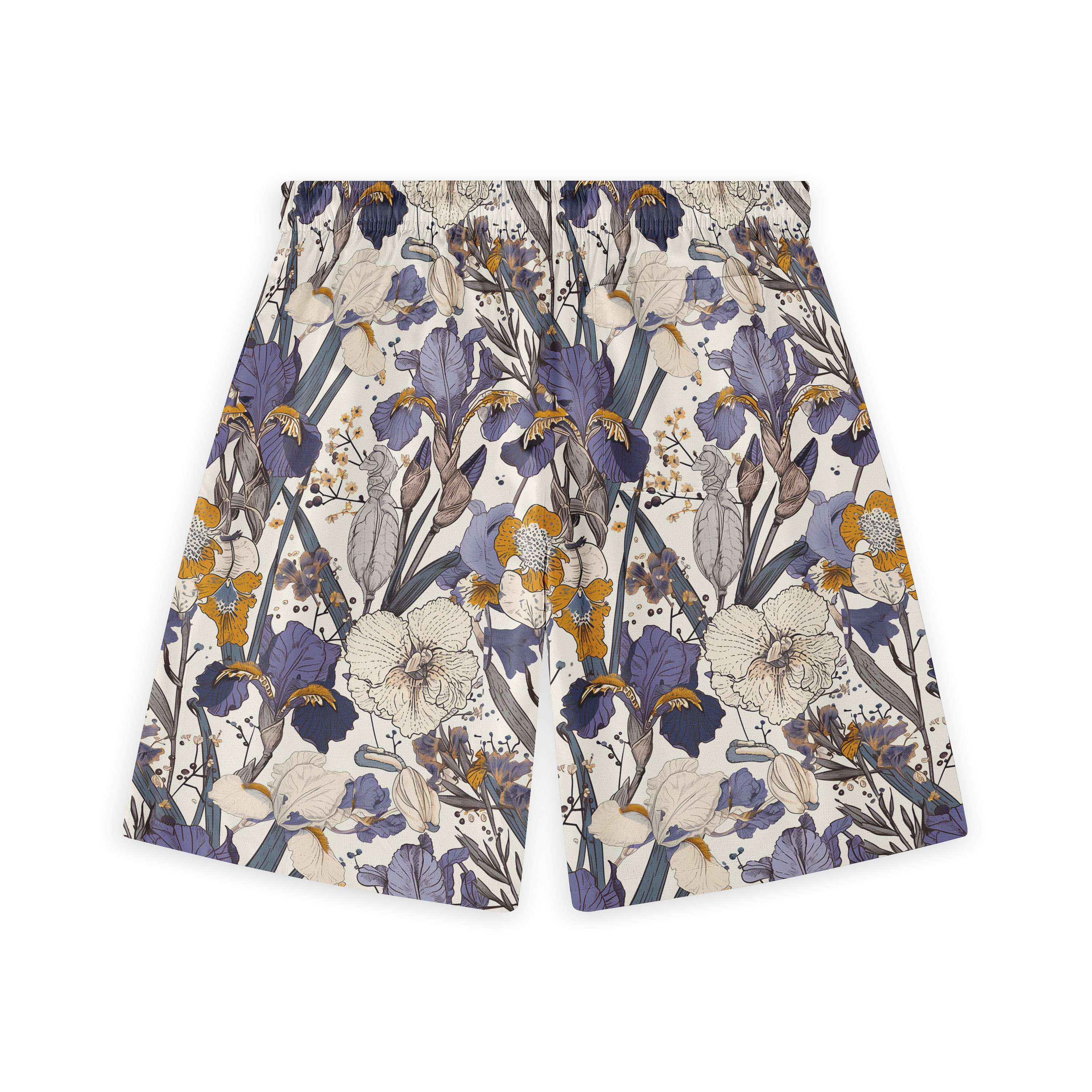 Floral-patterned shorts featuring purple, white, and yellow flowers.