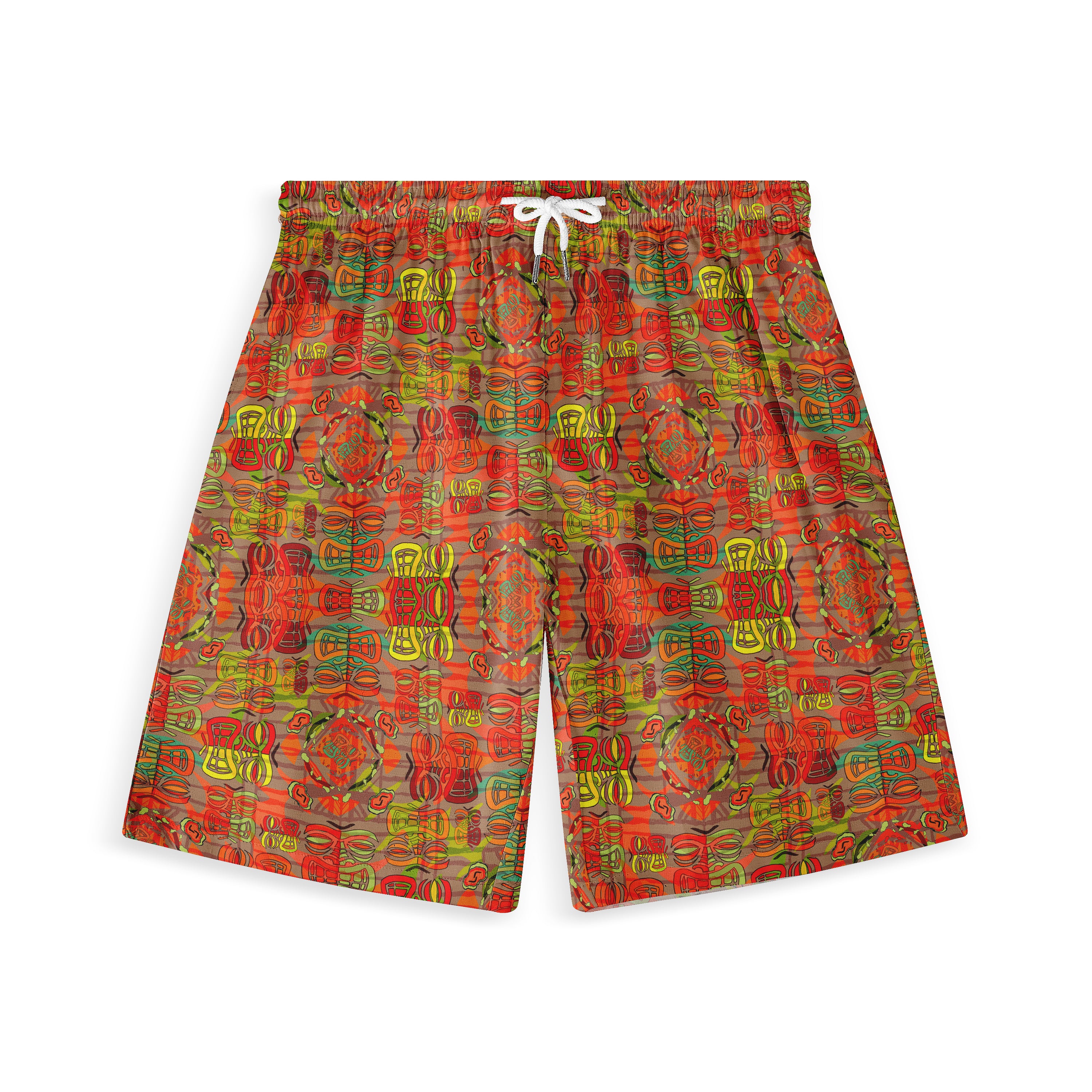 Colorful patterned shorts with vibrant red, green, and yellow tribal.