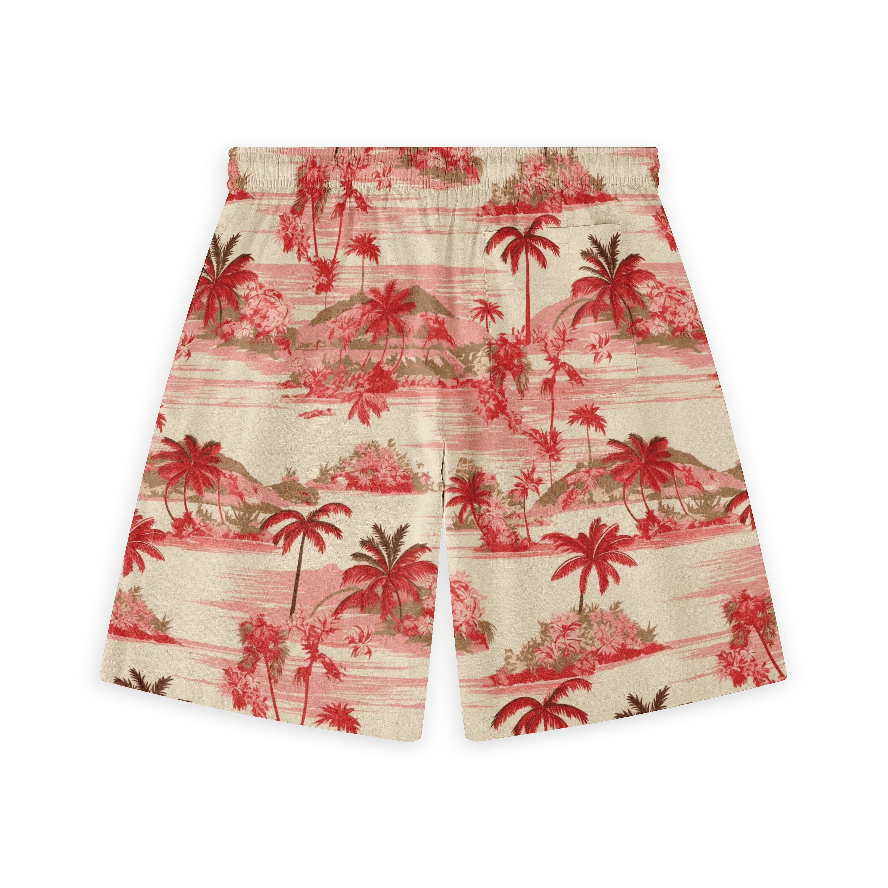 Beige shorts with red palm tree and mountain print.