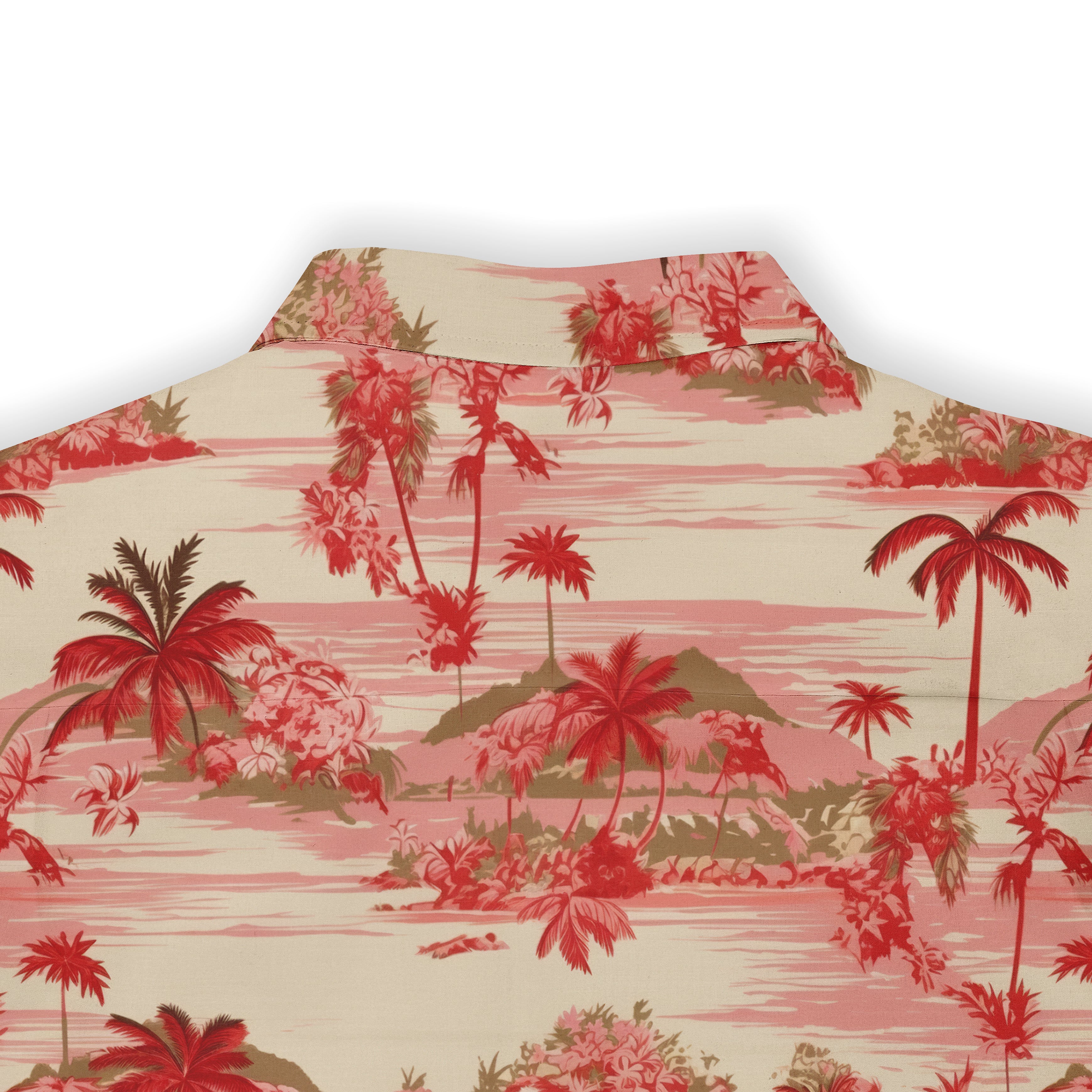 Beige shirt with red palm trees and pink waves design.