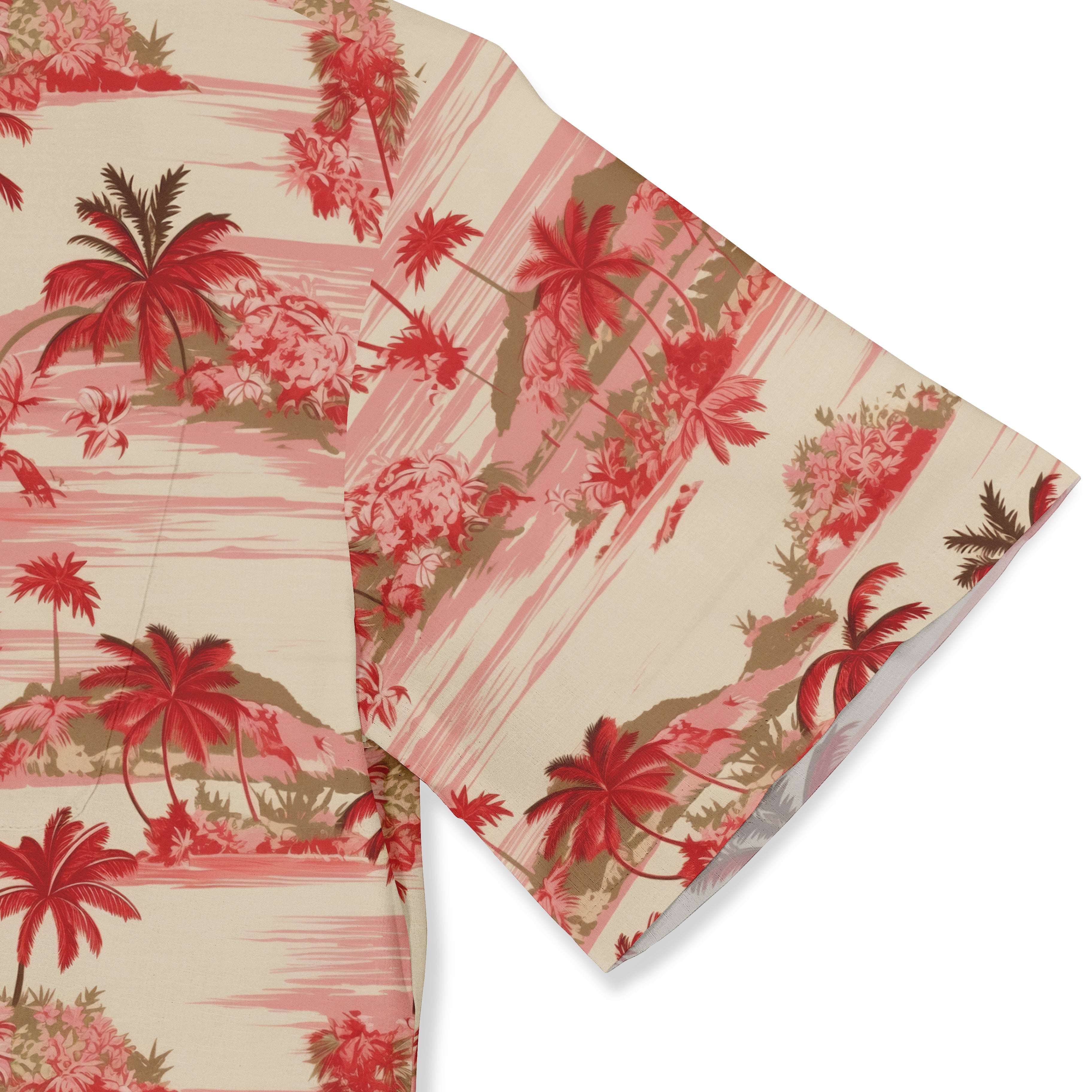 Beige fabric with red palm trees and pink stripes.