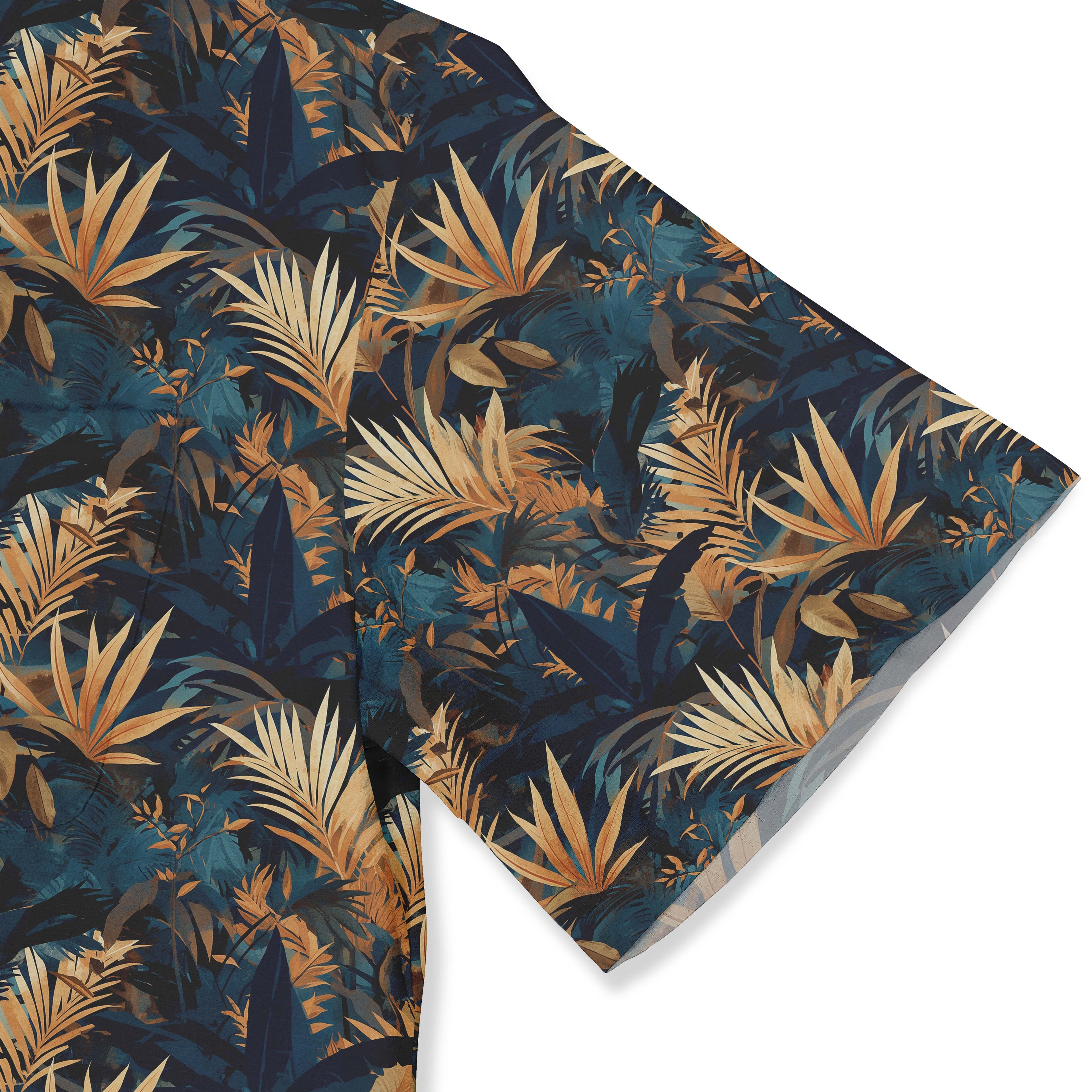 Dark blue fabric with gold palm leaf pattern.
