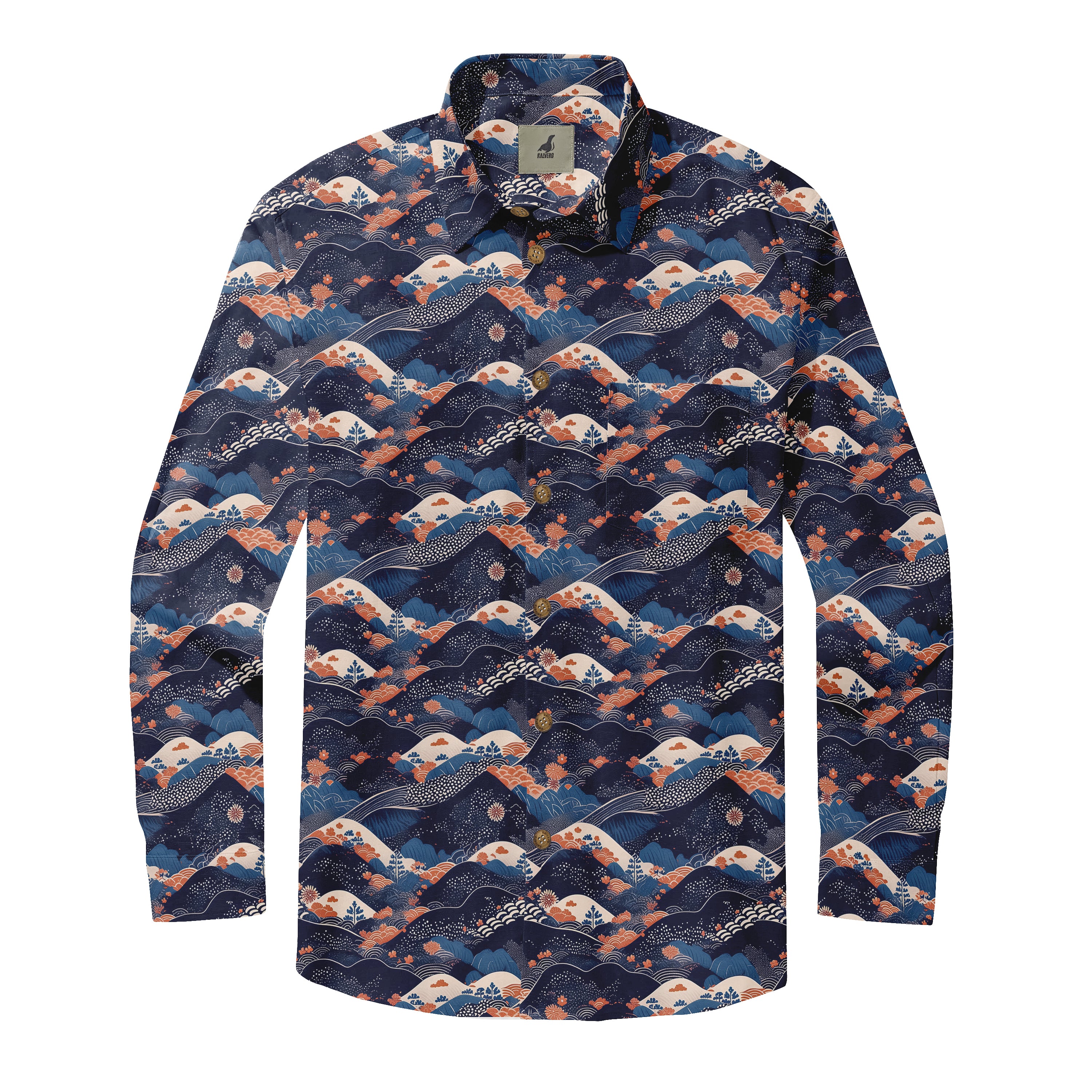 A long-sleeve shirt with a navy blue background and a repeating.
