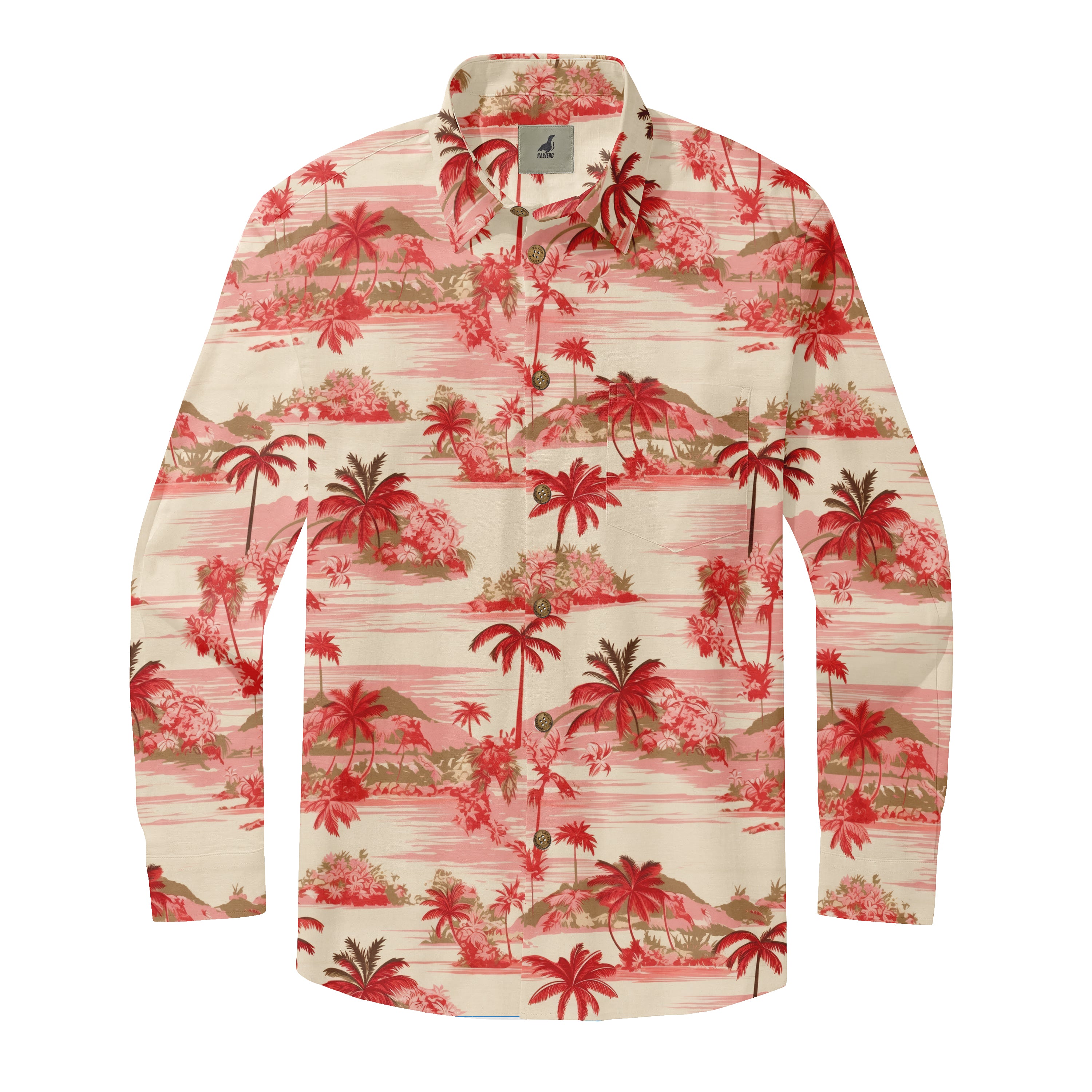 Beige shirt with pink palm tree and floral tropical print.