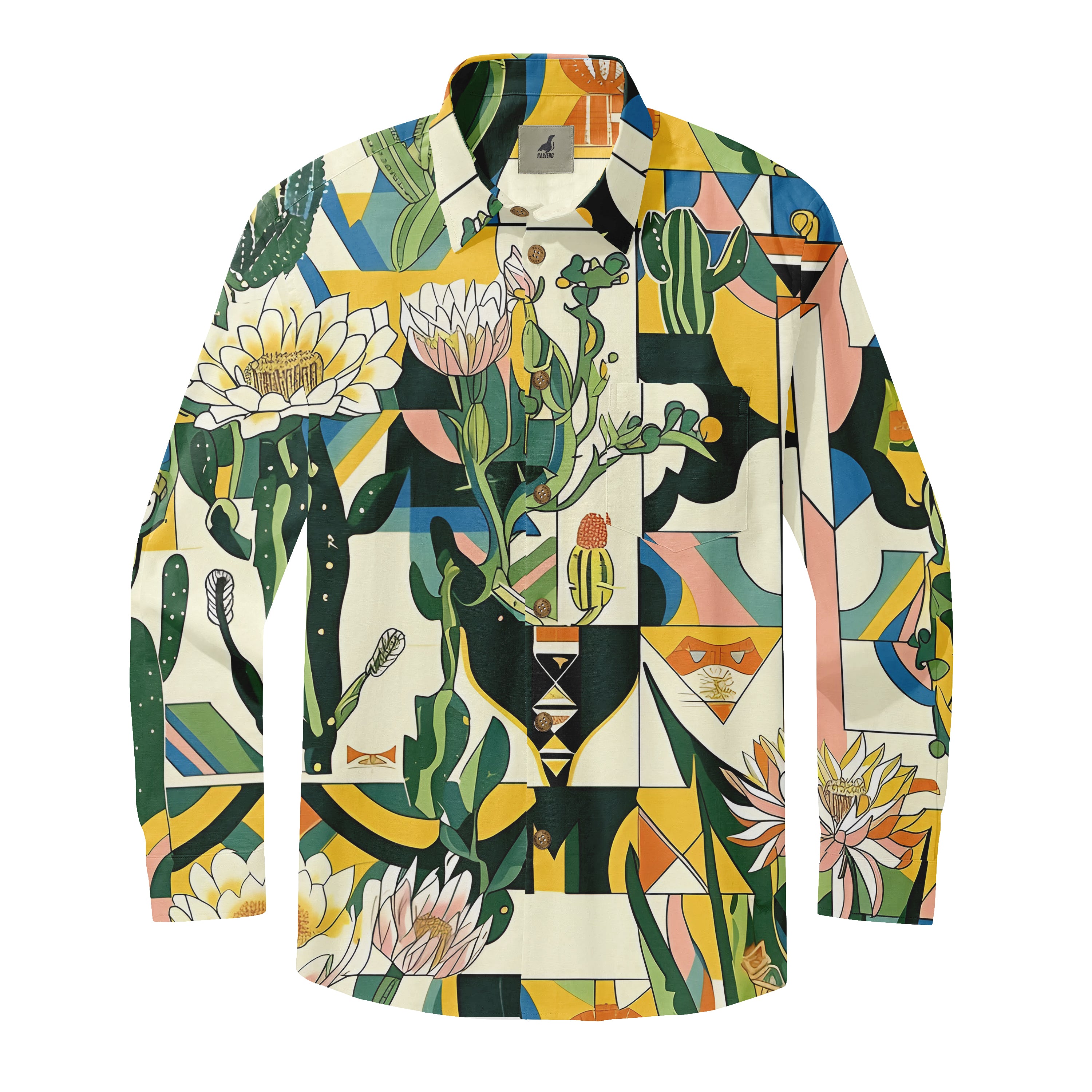 Colorful patterned shirt featuring cacti, flowers, and geometric.