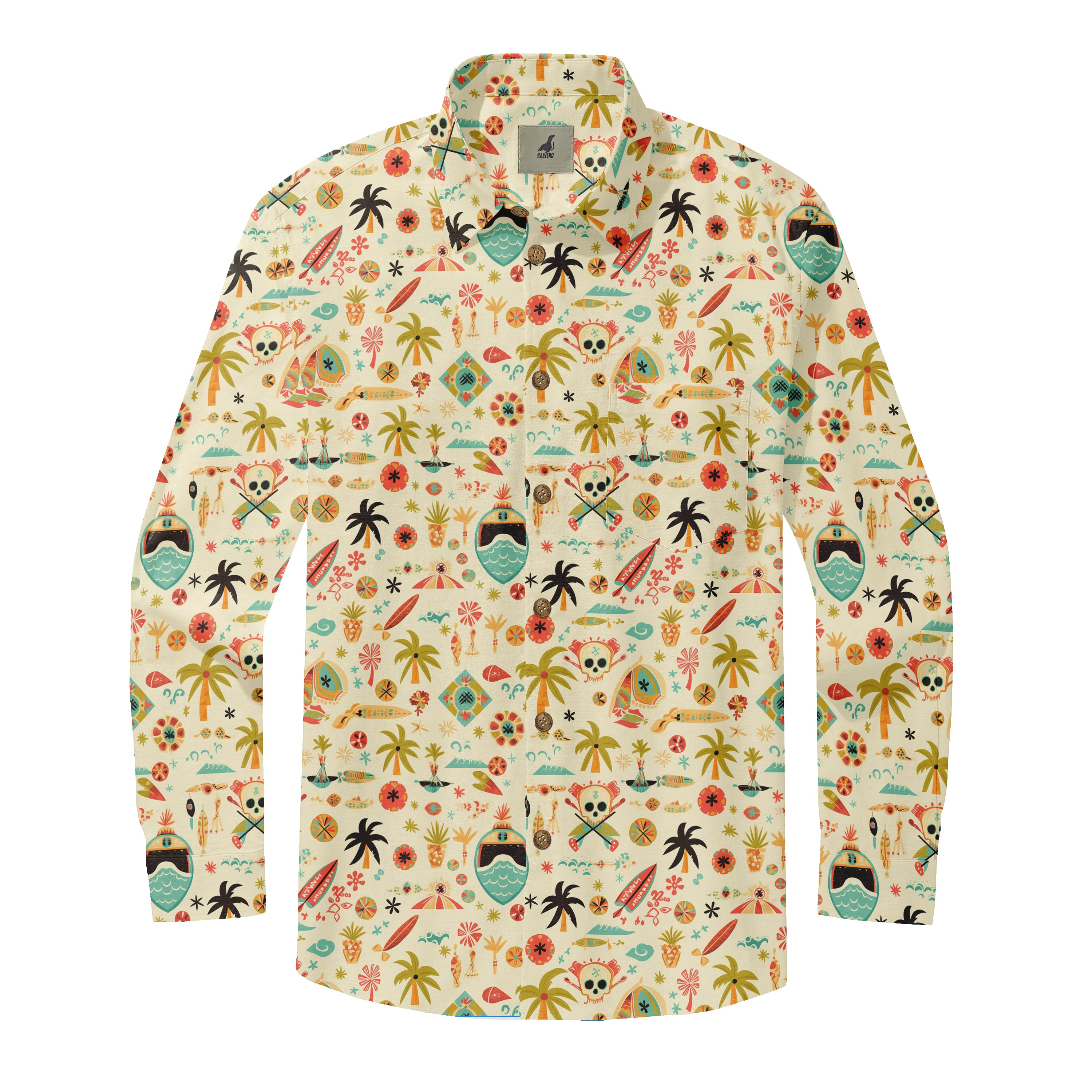 Colorful tropical shirt with palm trees, skulls, surfboards.