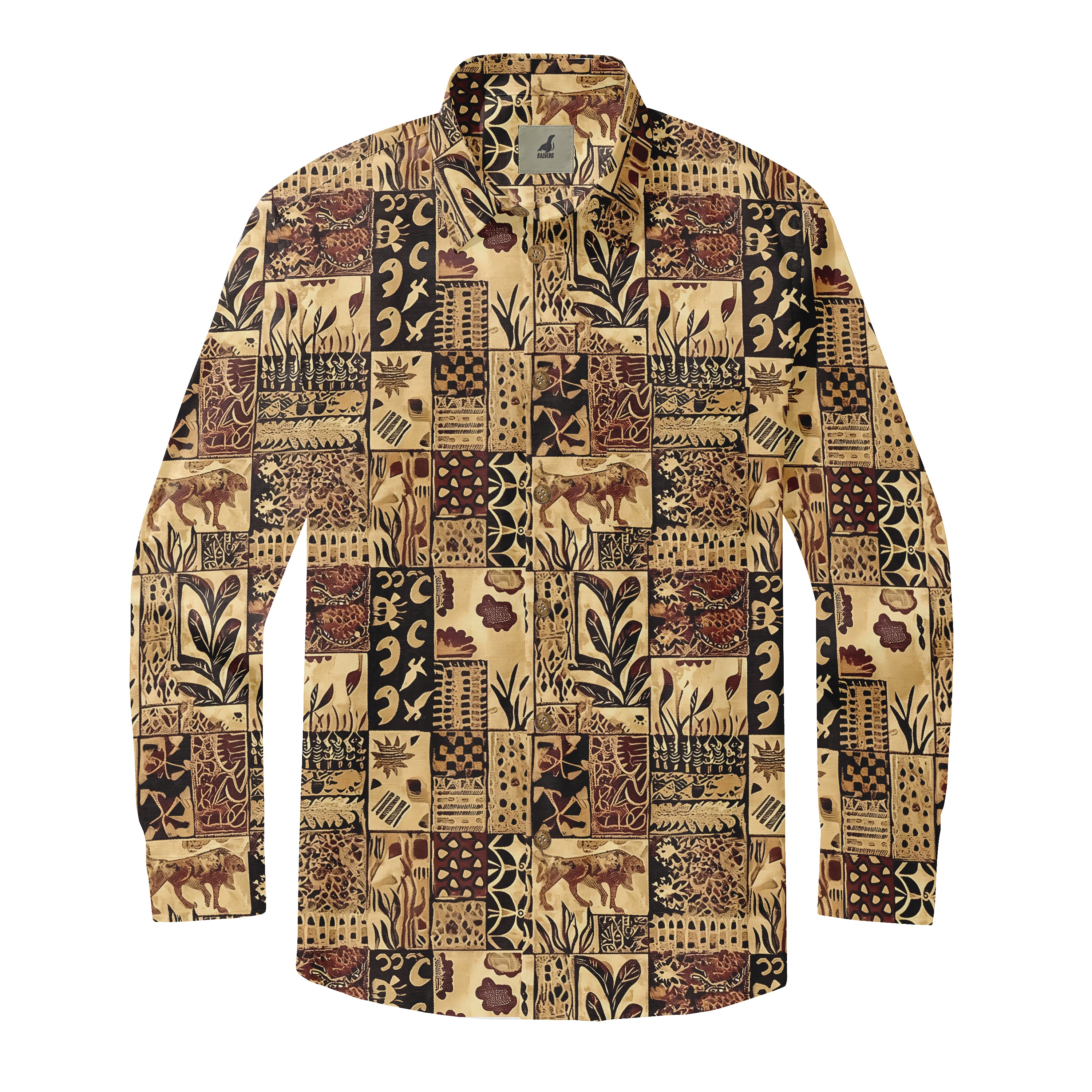 Patterned long-sleeve shirt with animal and geometric designs.
