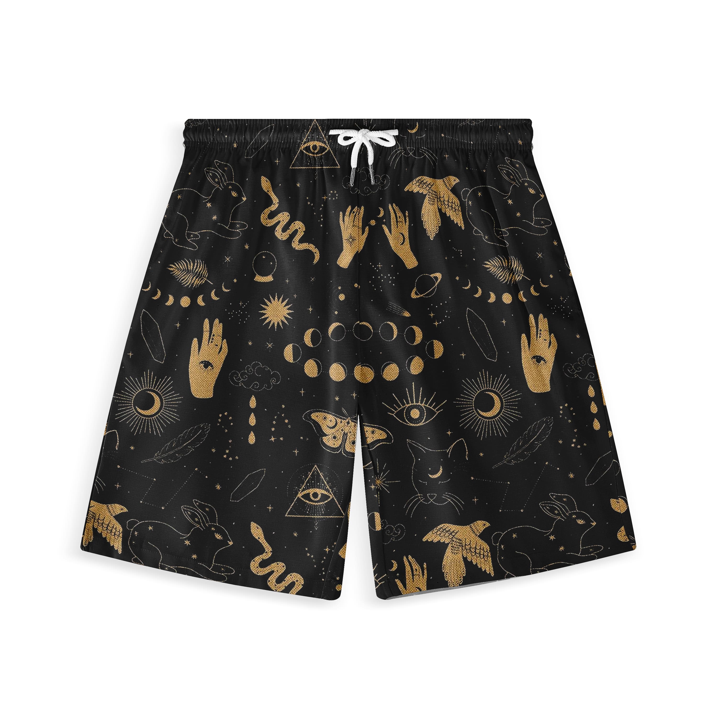 Dark blue shorts with gold mystical patterns including moons, eyes.