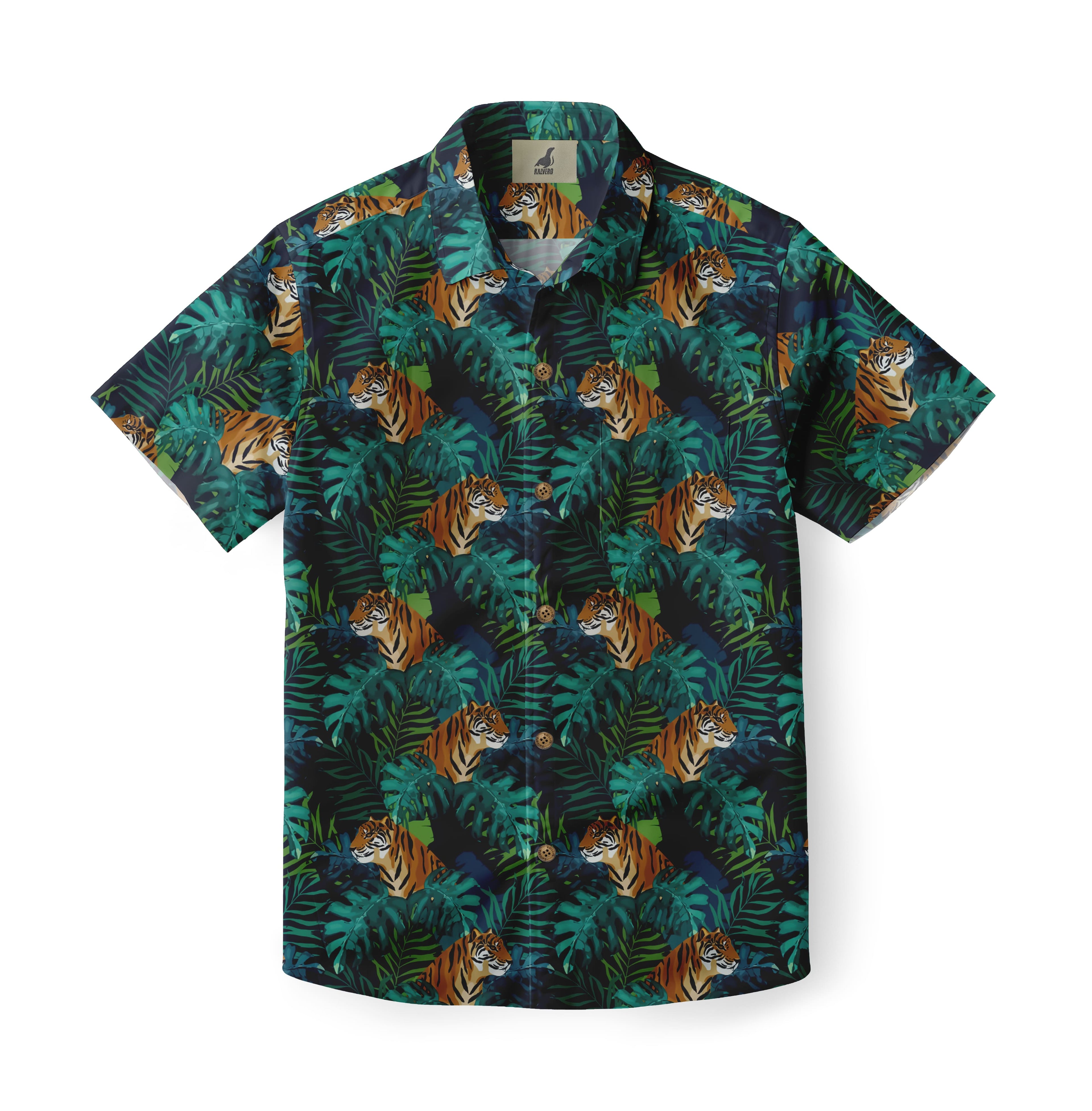 Dark Blue Tigers & Leaves Hawaiian Shirt