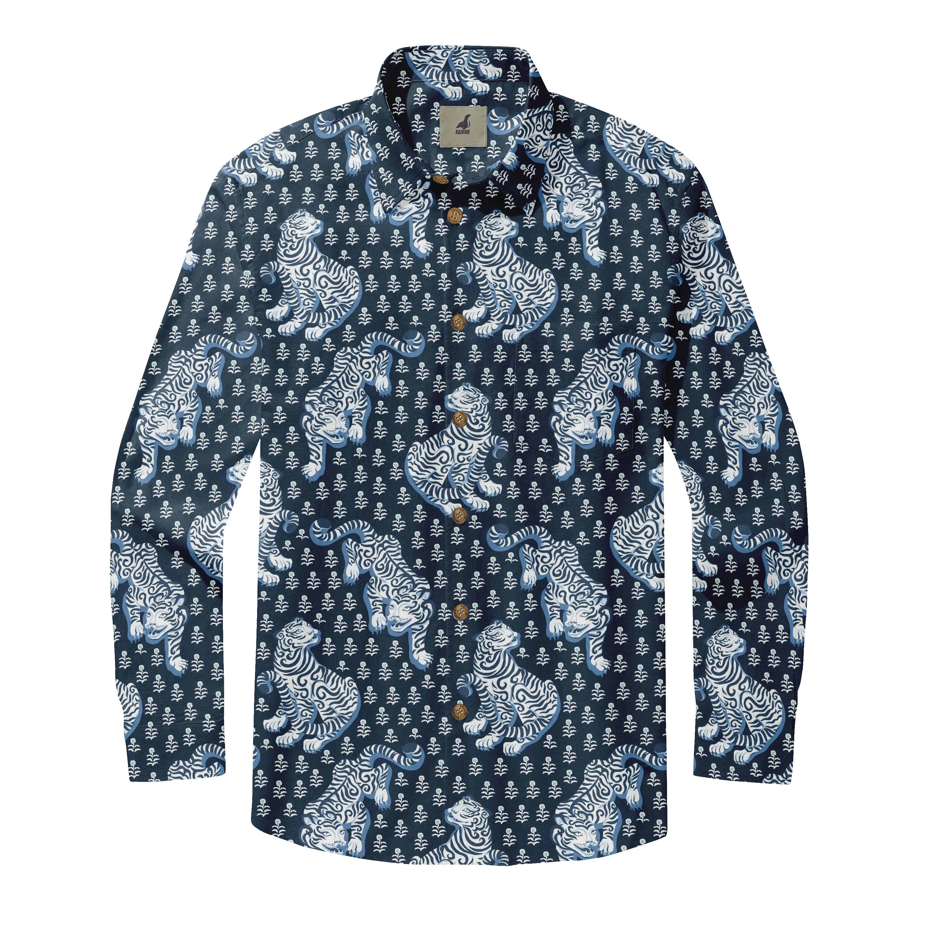 Navy White Tiger Long Sleeve Hawaiian Shirt