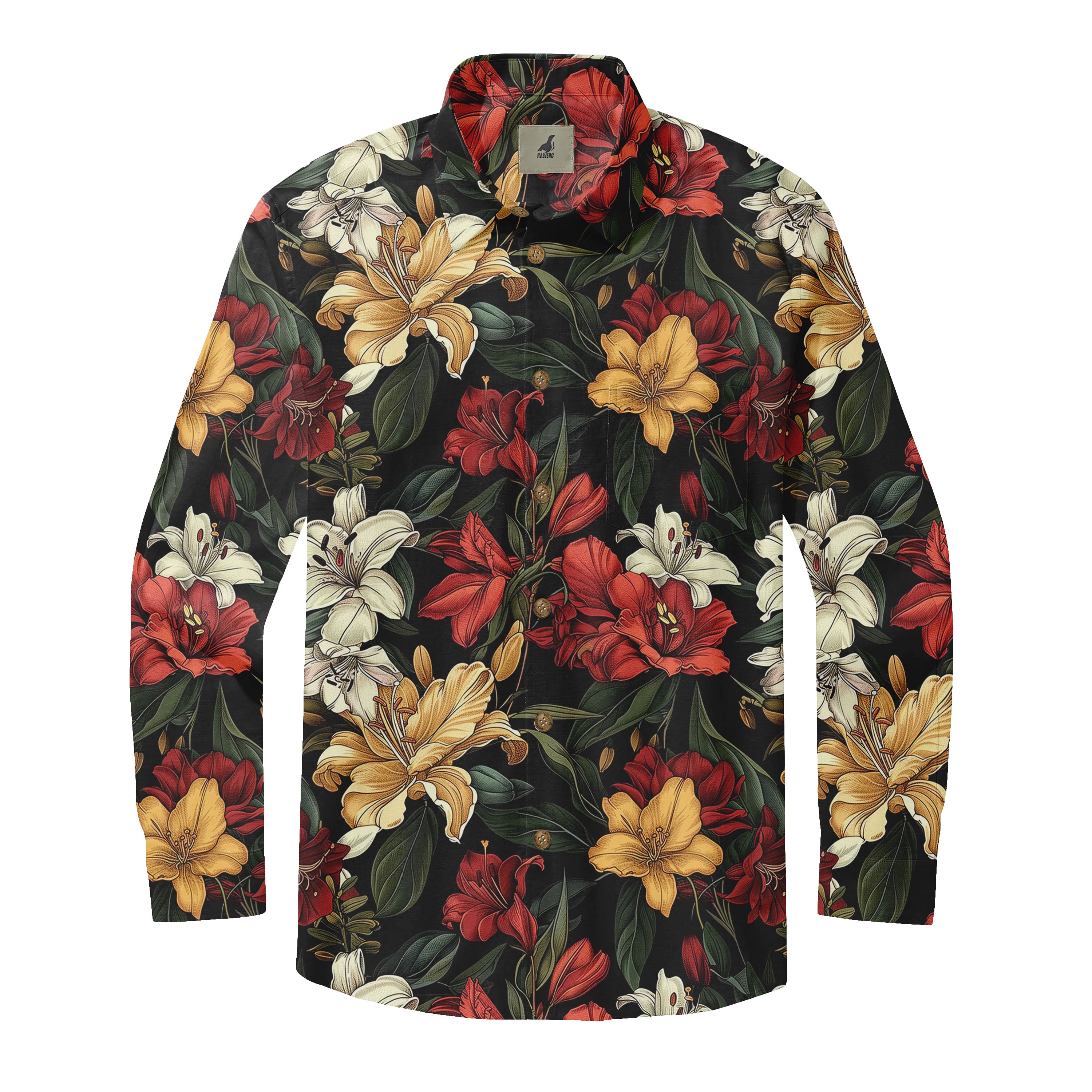 Black Vintage Botanical Lilies Long Sleeve Hawaiian Shirt