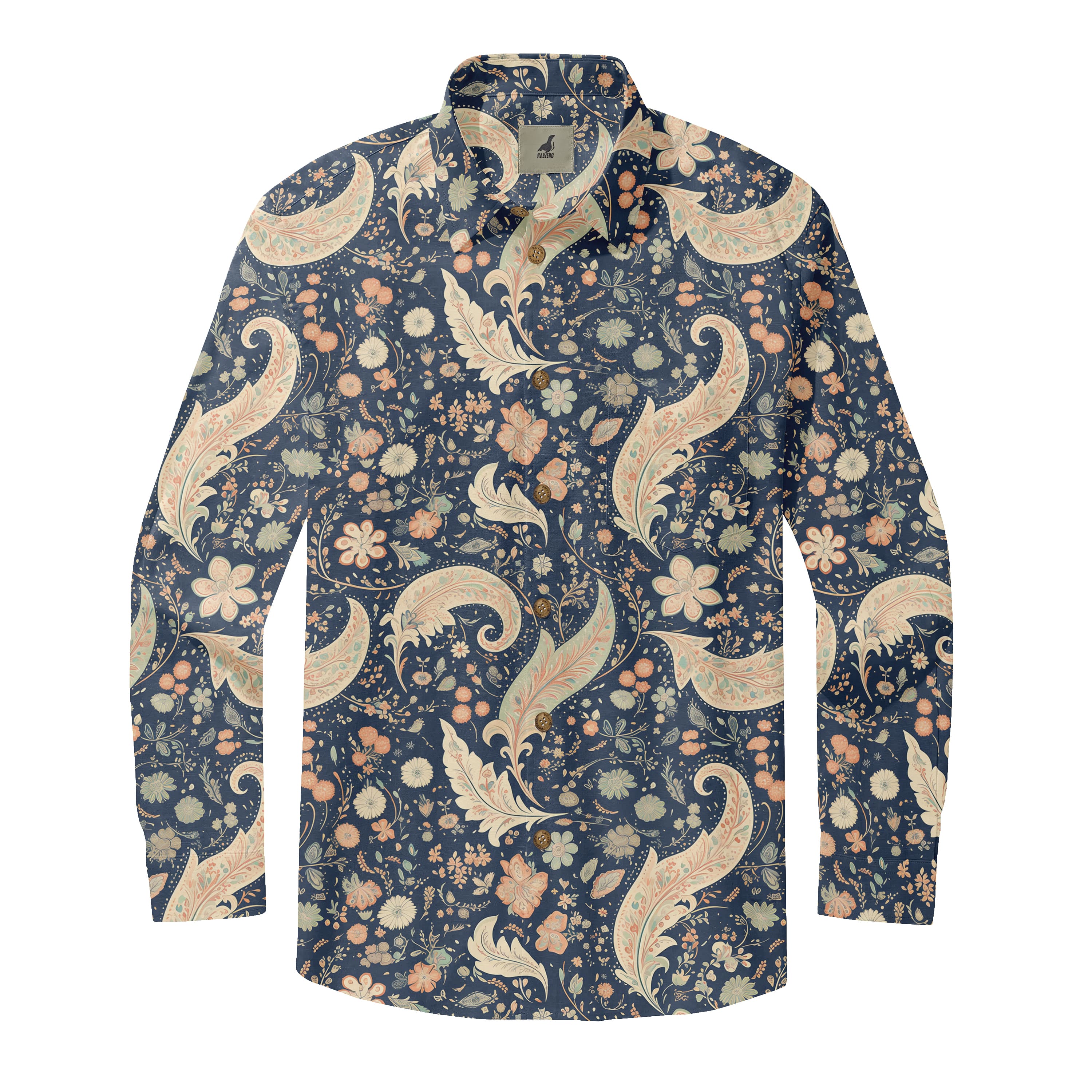 Dark Blue Vintage Paisley and Floral Long Sleeve Hawaiian...