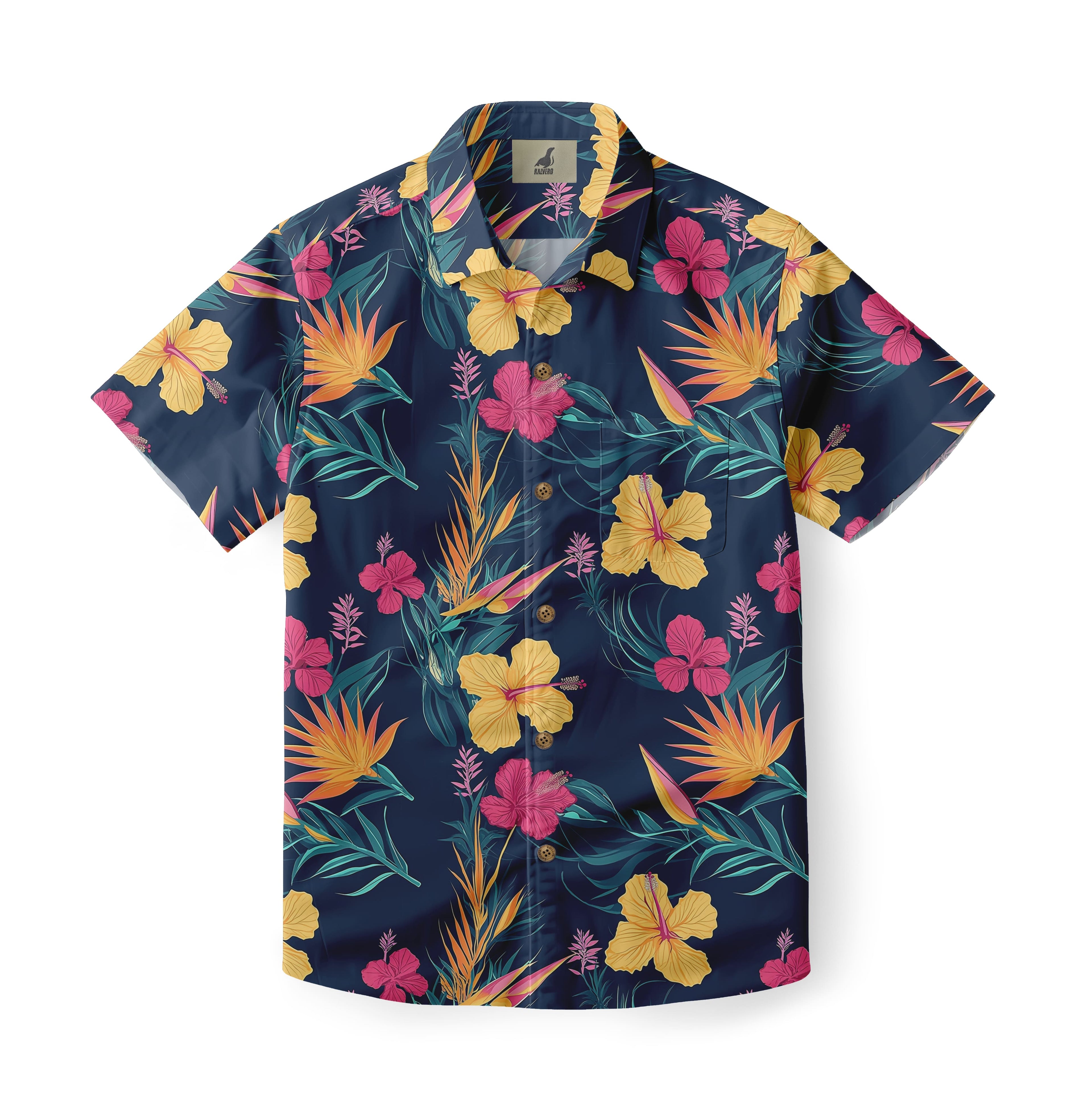 Navy Blue Tropical Floral Hawaiian Shirt