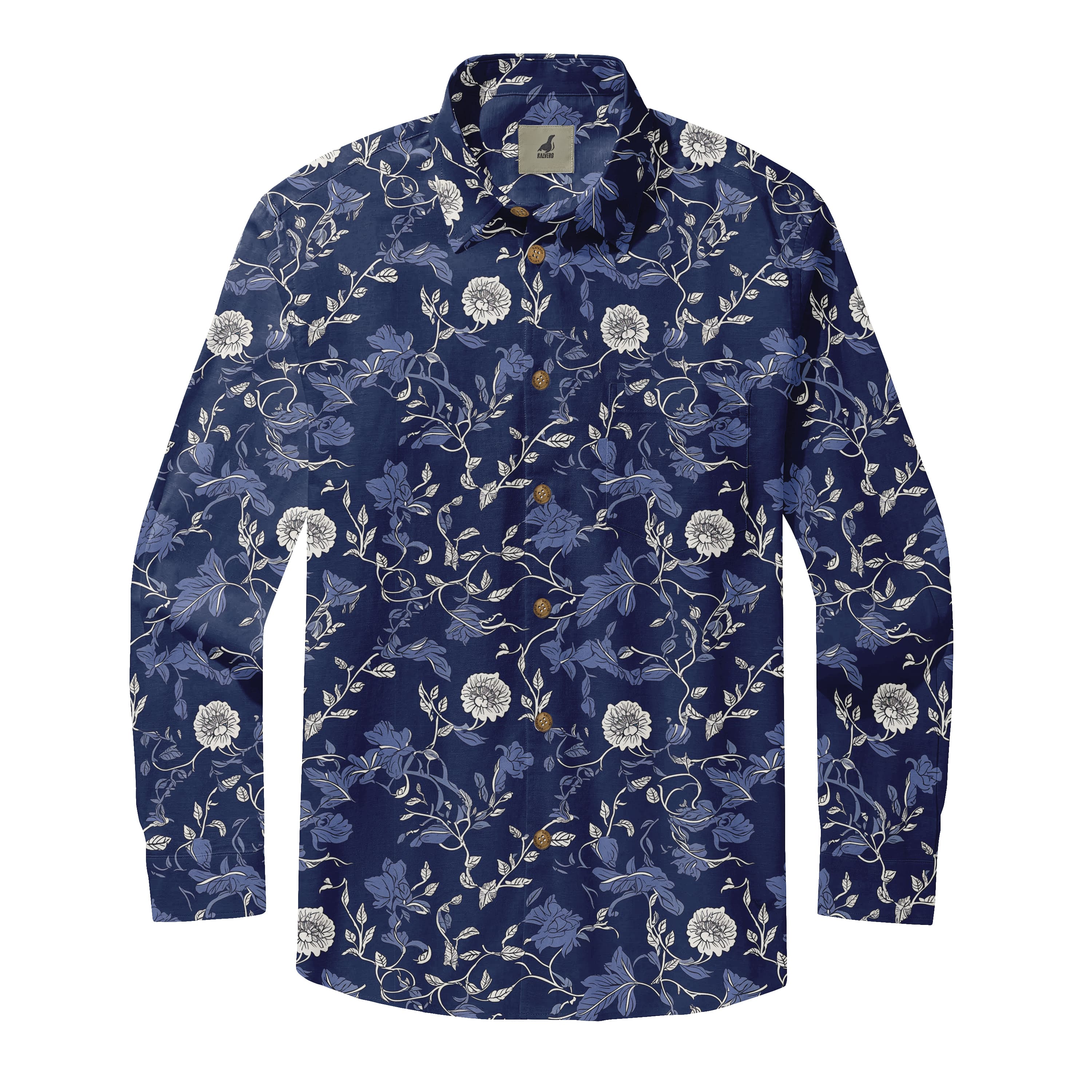 Navy Blue Botanical Floral Long Sleeve Hawaiian Shirt