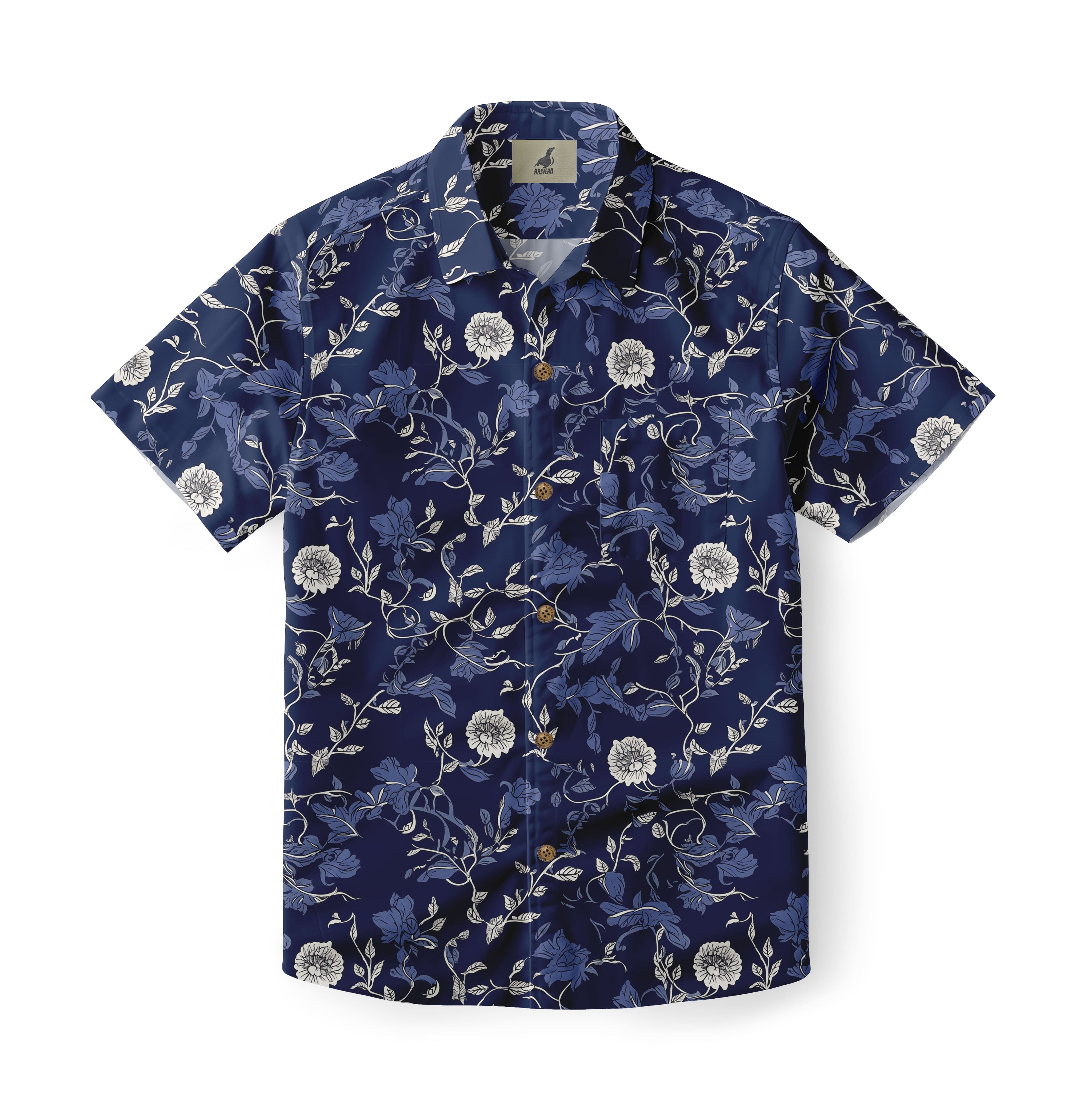 Navy Blue Botanical Floral Hawaiian Shirt
