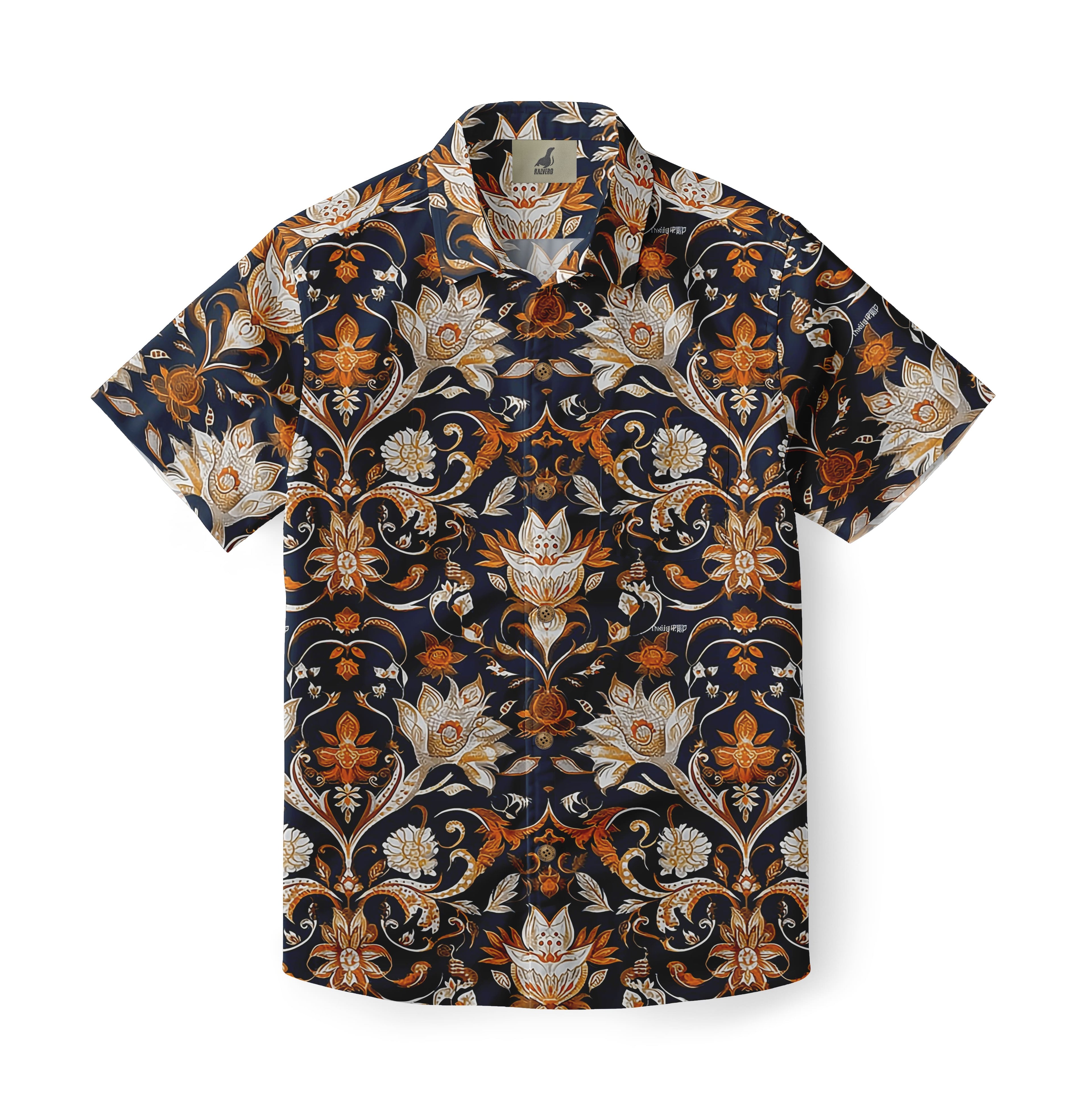 Navy Blue Ornate Floral Batik Hawaiian Shirt