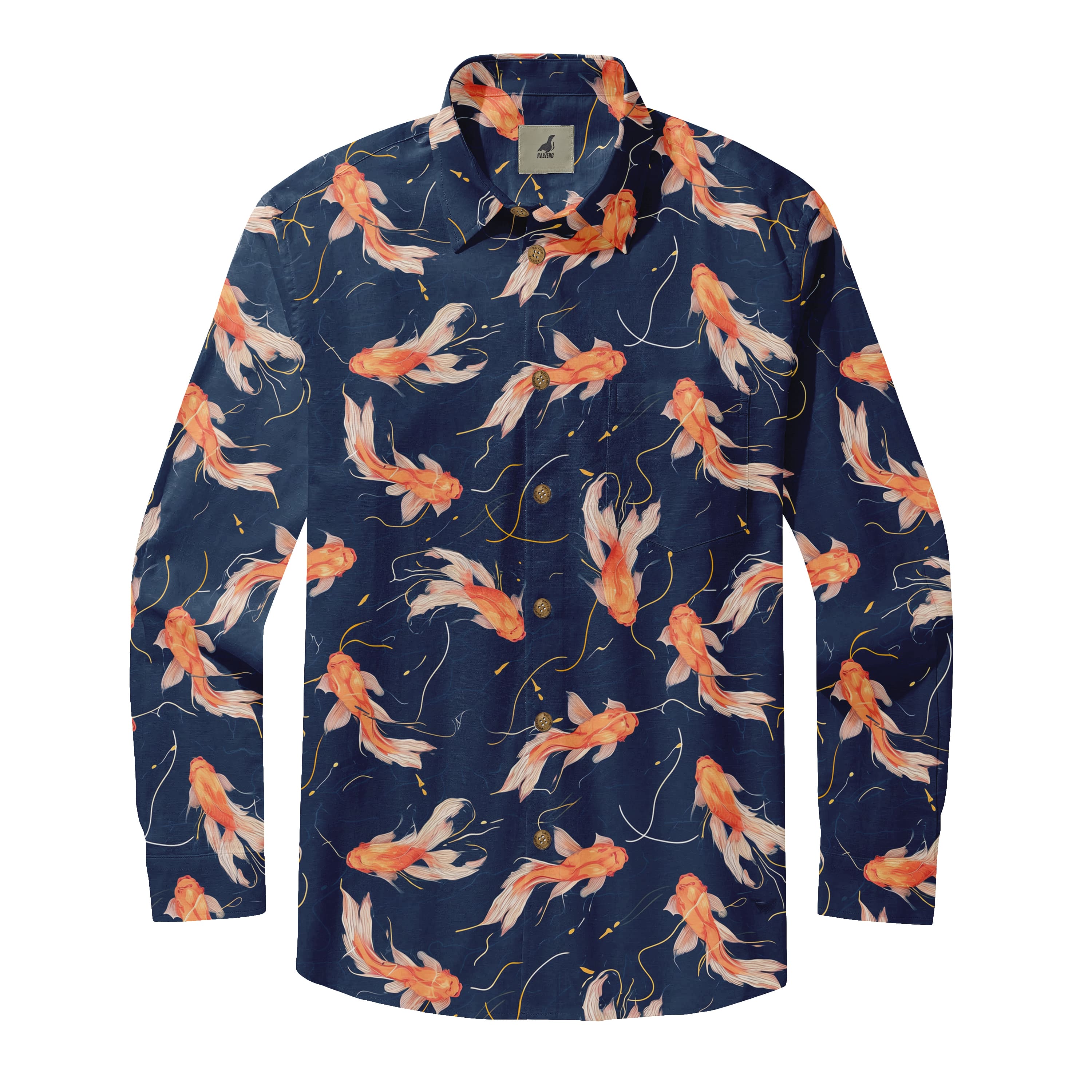 Navy Blue Orange Koi Fish Long Sleeve Hawaiian Shirt