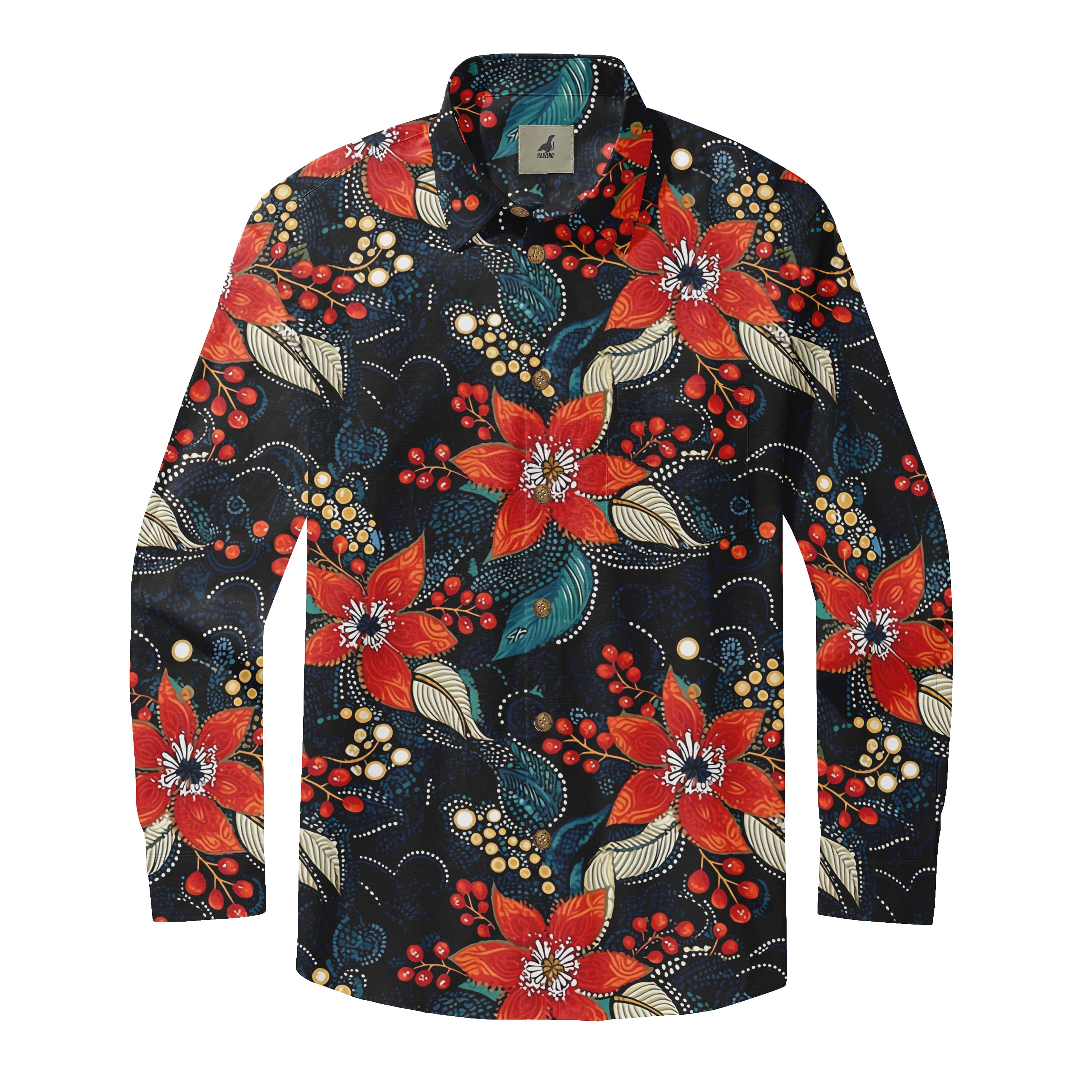 Black Red Floral and Berry Long Sleeve Hawaiian Shirt