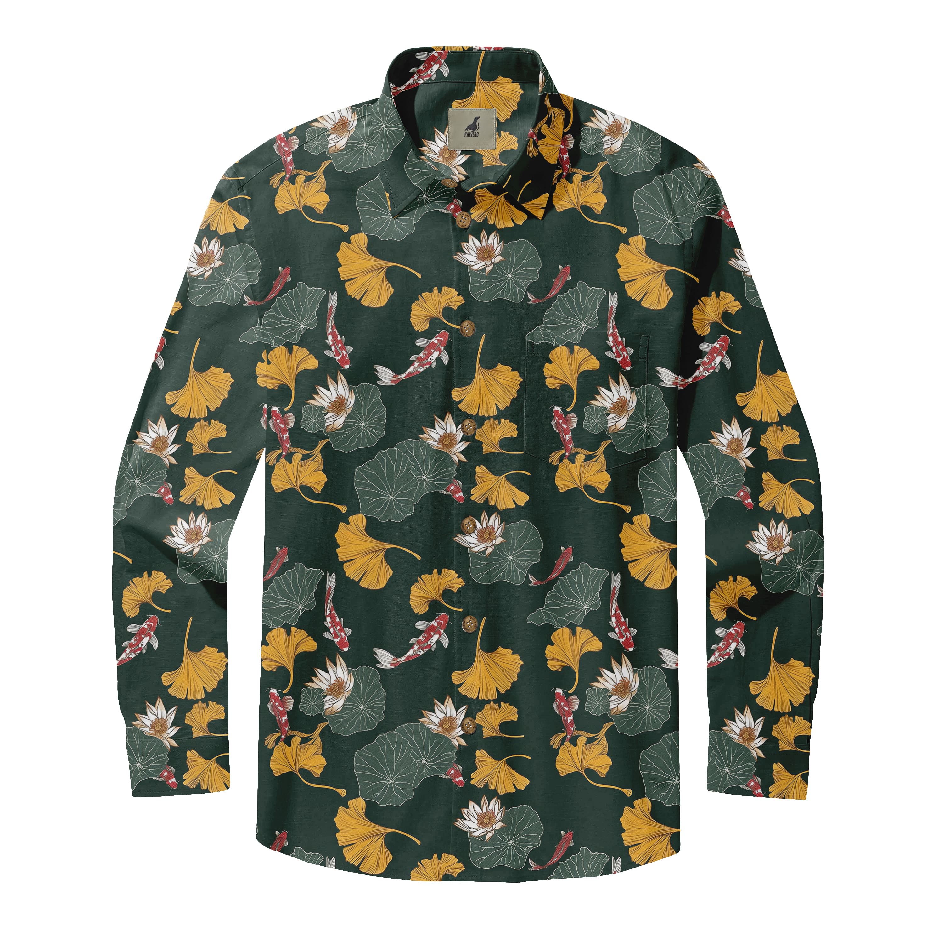 Dark Green Koi and Lotus Long Sleeve Hawaiian Shirt