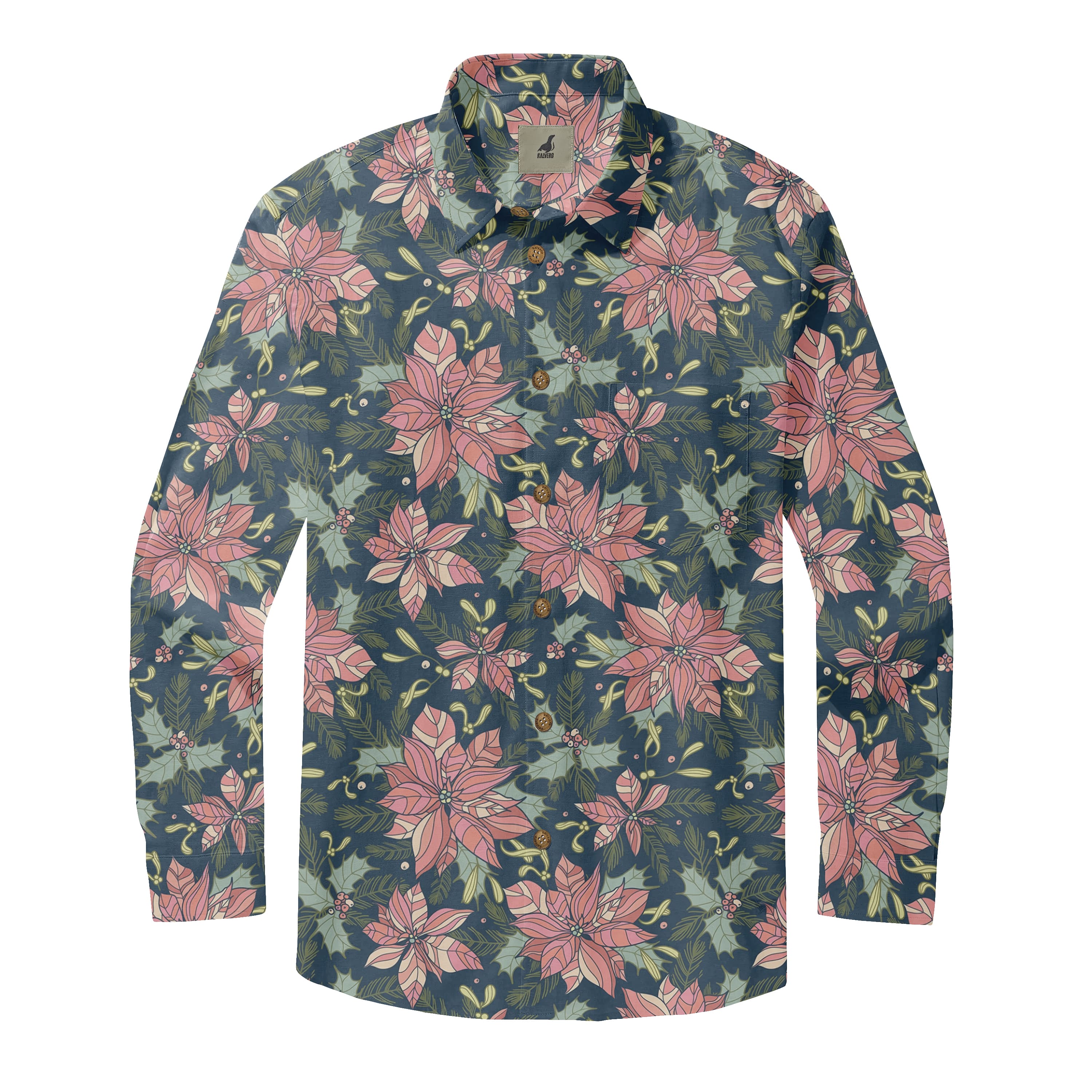 Navy Blue Christmas Poinsettia Long Sleeve Hawaiian Shirt