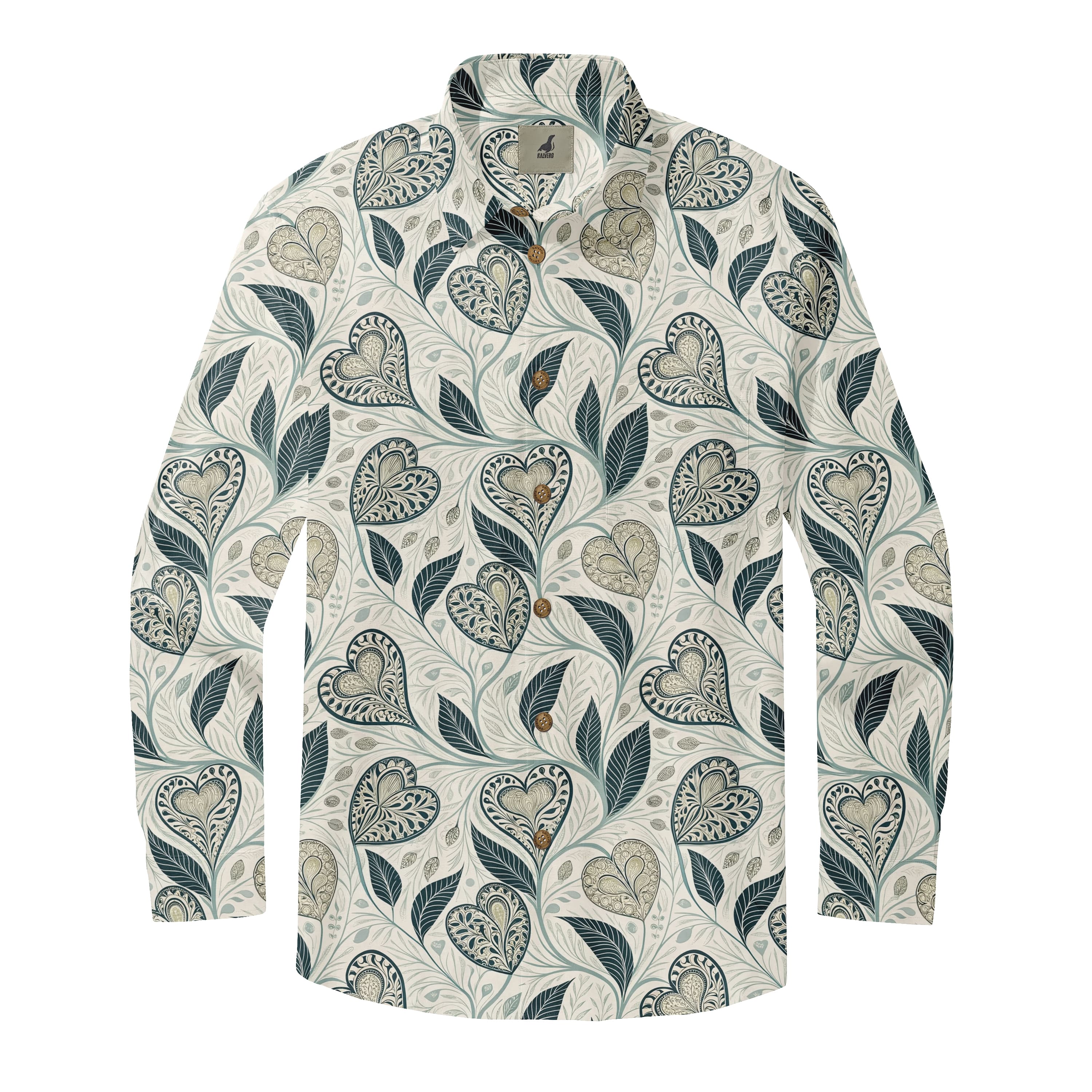 Cream Paisley Heart and Leaf Long Sleeve Hawaiian Shirt