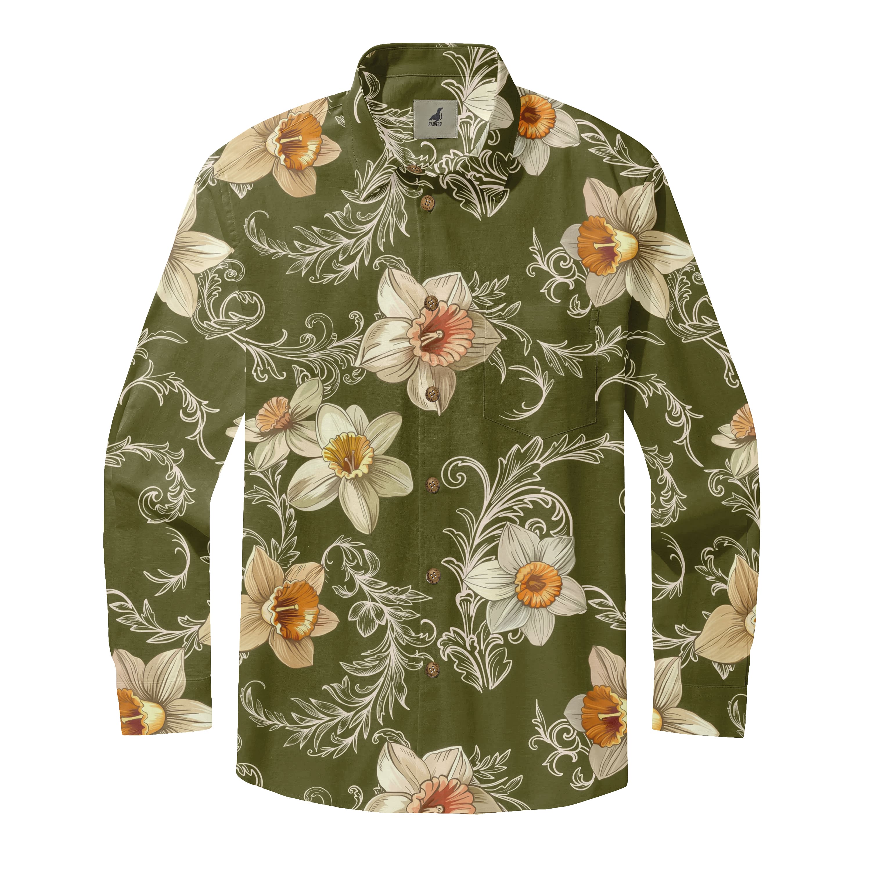 Olive Green Daffodil Floral Long Sleeve Hawaiian Shirt
