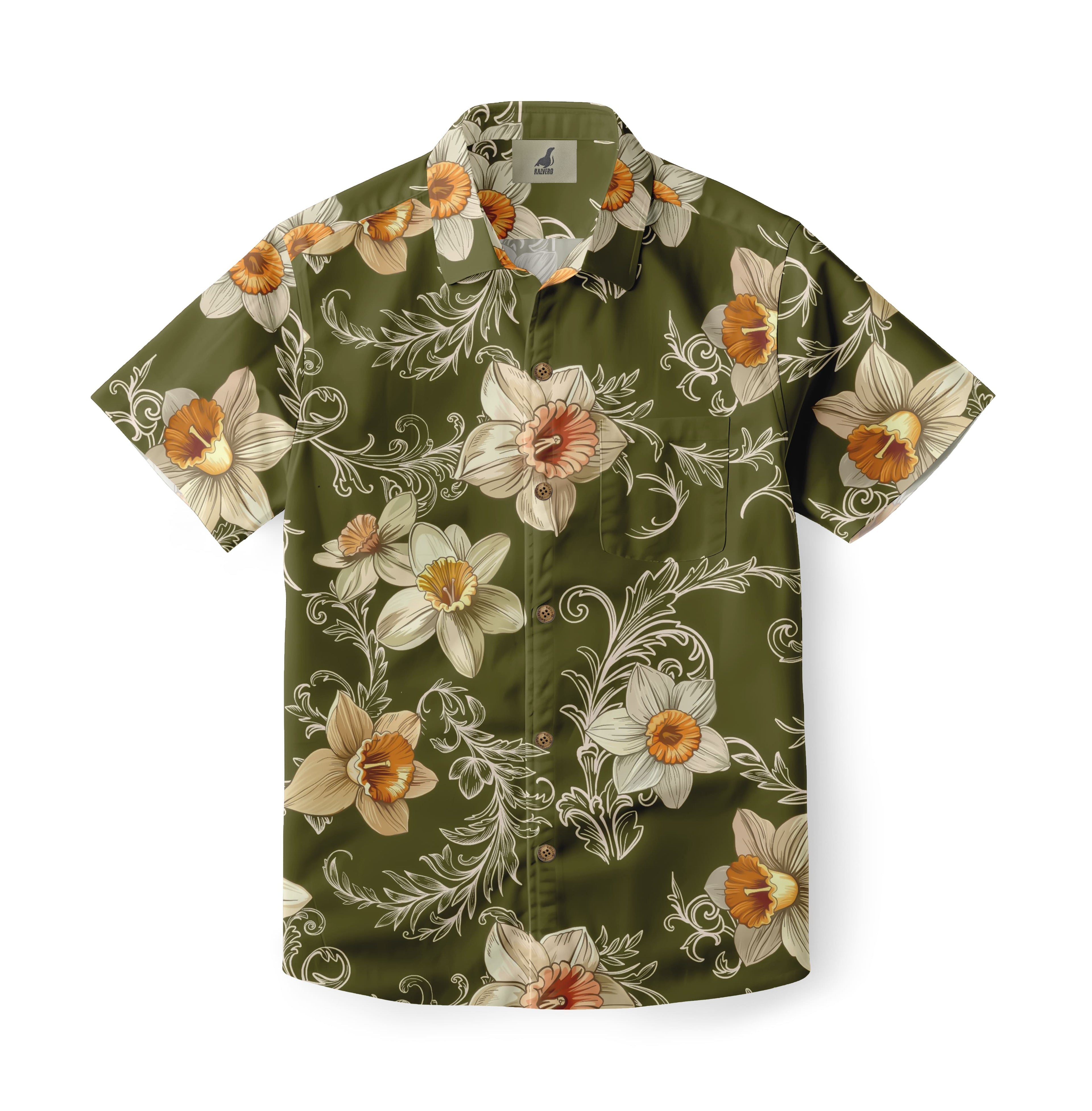 Olive Green Daffodil Floral Hawaiian Shirt