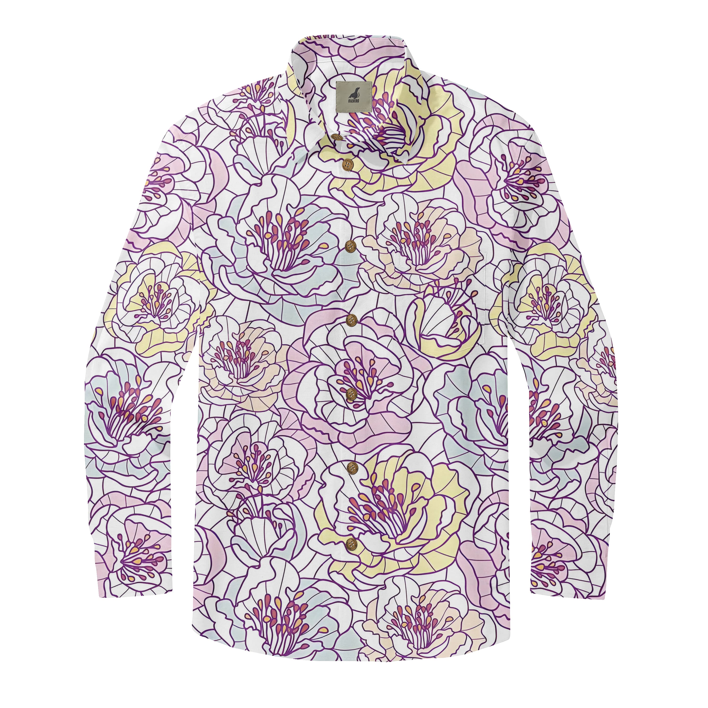 White Pastel Floral Stained Glass Long Sleeve Hawaiian Shirt