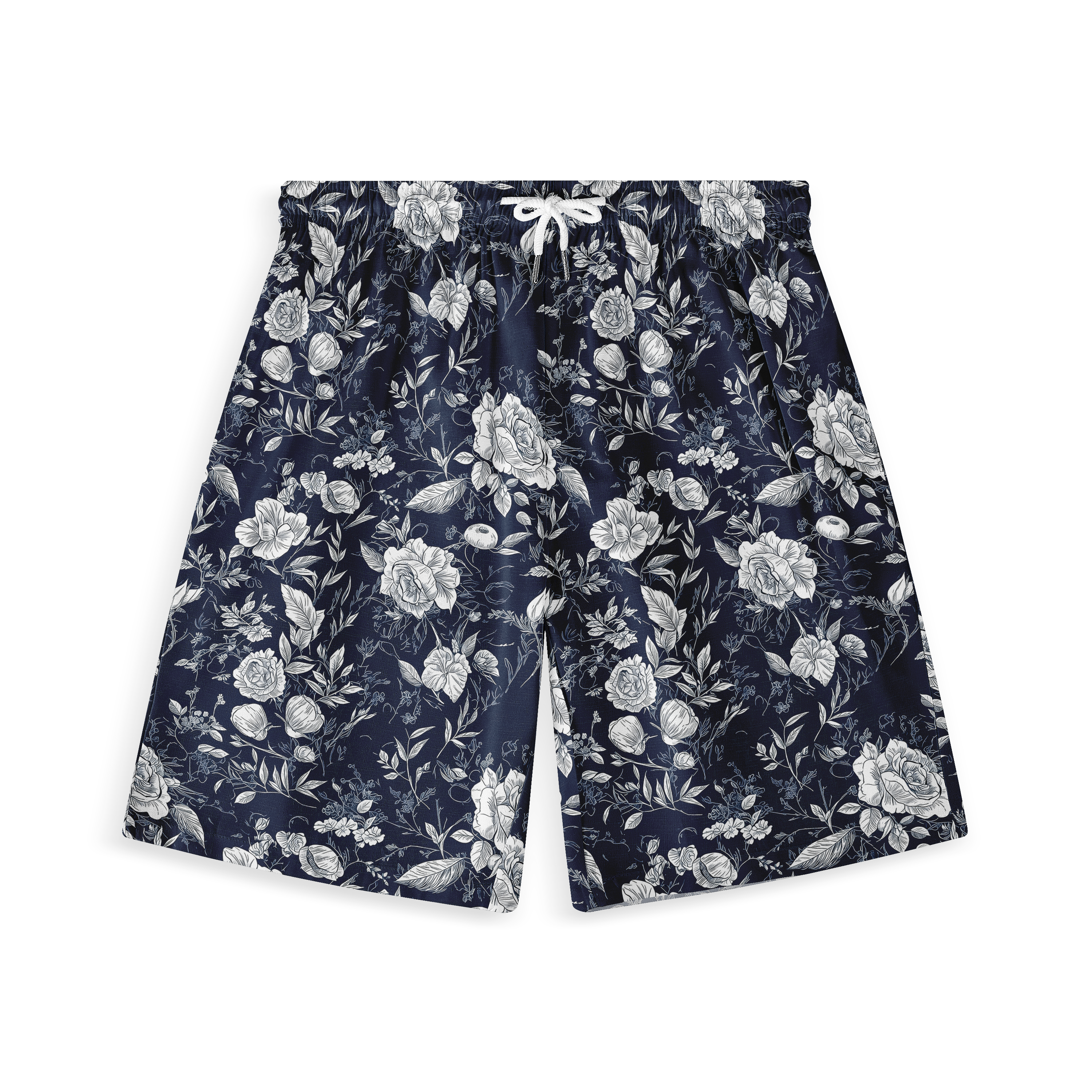 Navy blue shorts with white floral pattern and drawstring.