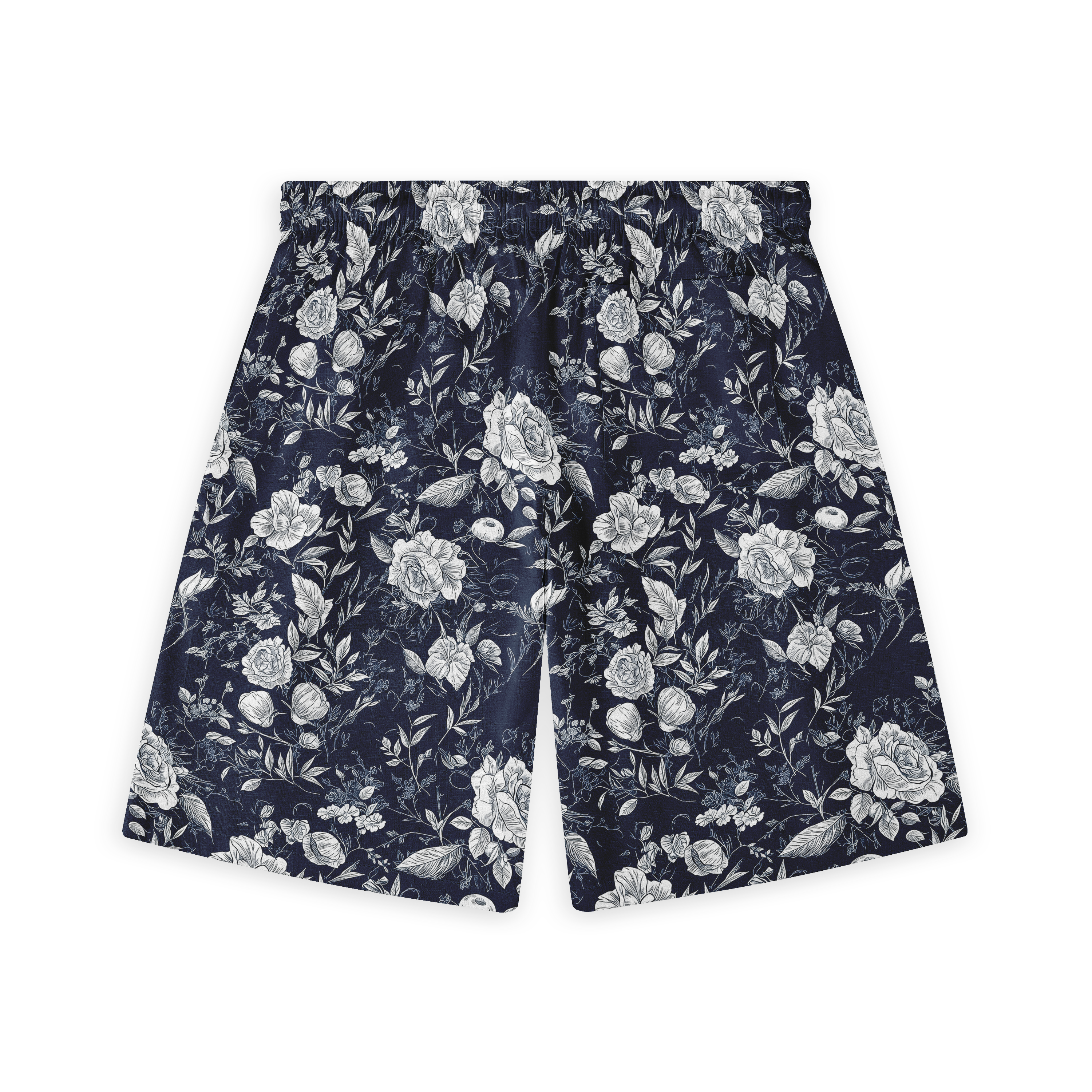 Navy blue shorts with white floral pattern.