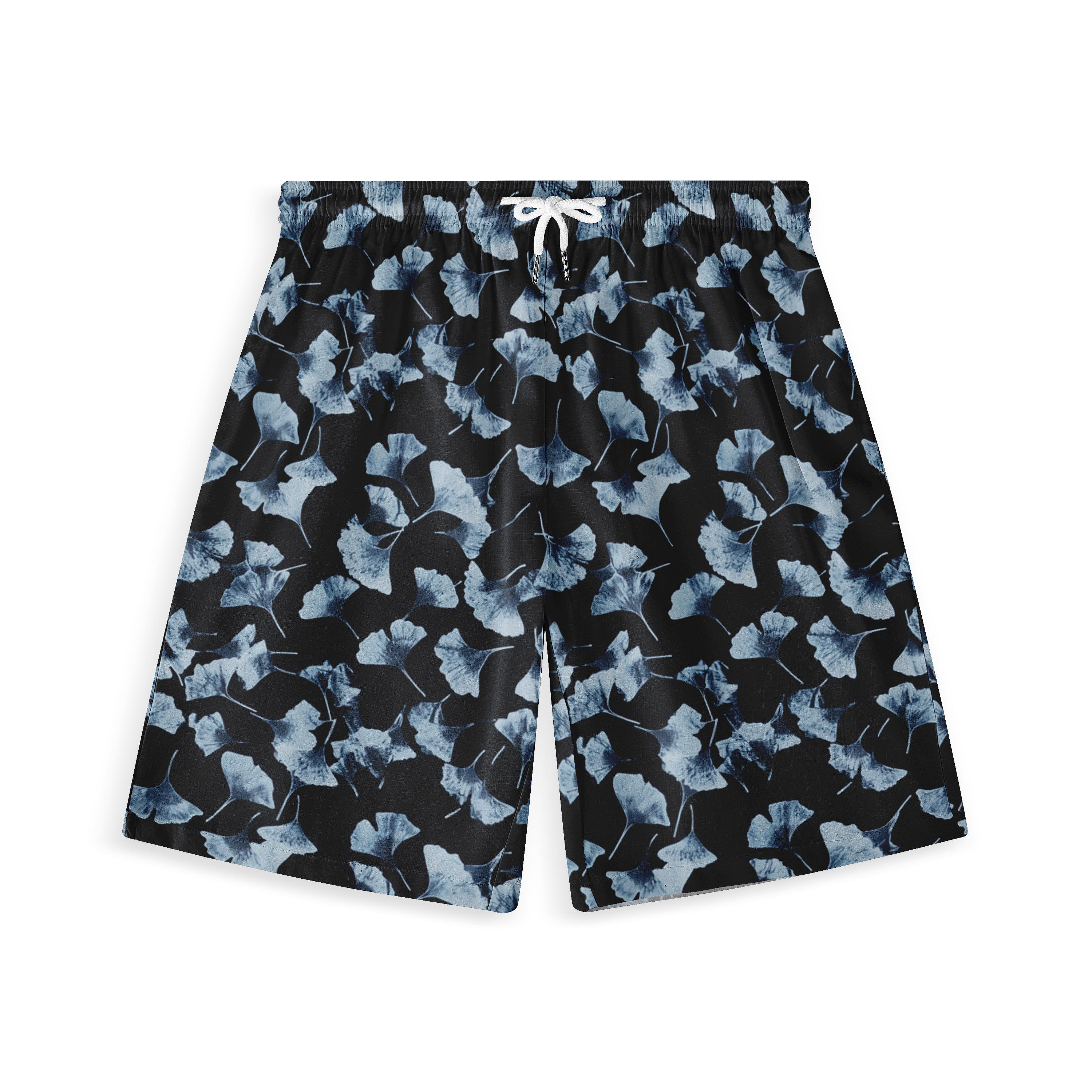 Black shorts with blue leaf pattern and white drawstring waist.