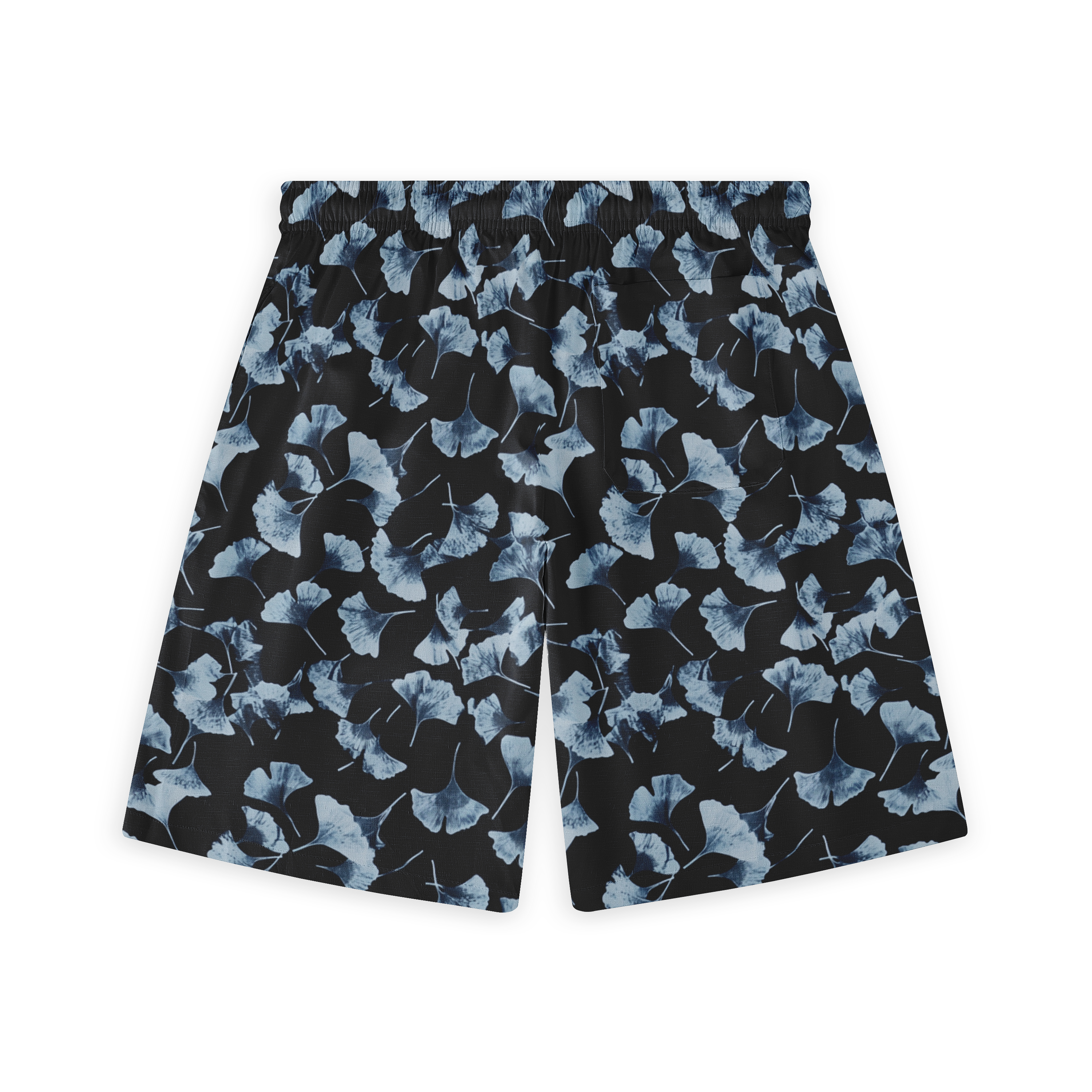 Black shorts with a blue ginkgo leaf pattern, featuring an elastic.