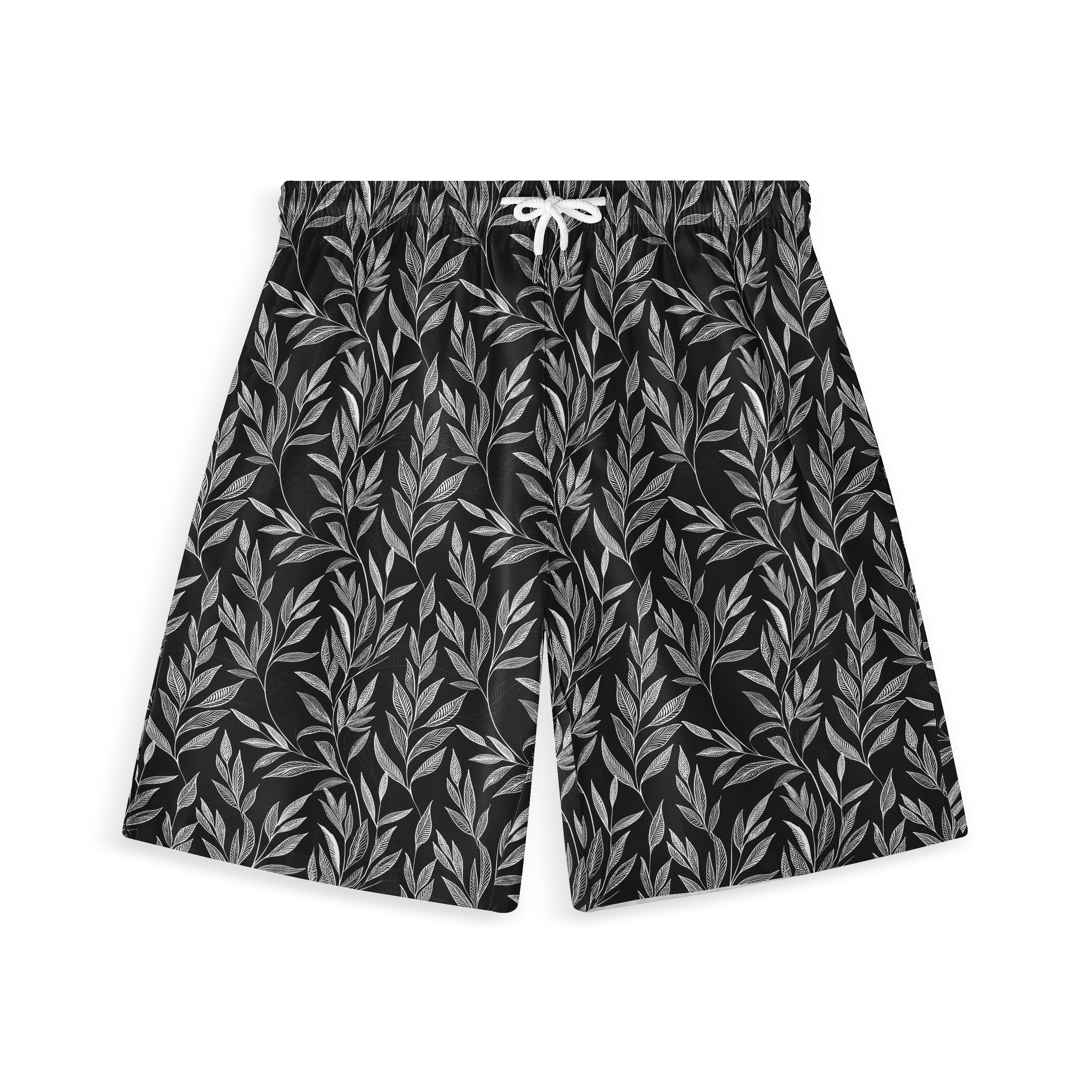 Black shorts with white leaf pattern, featuring a drawstring waist.