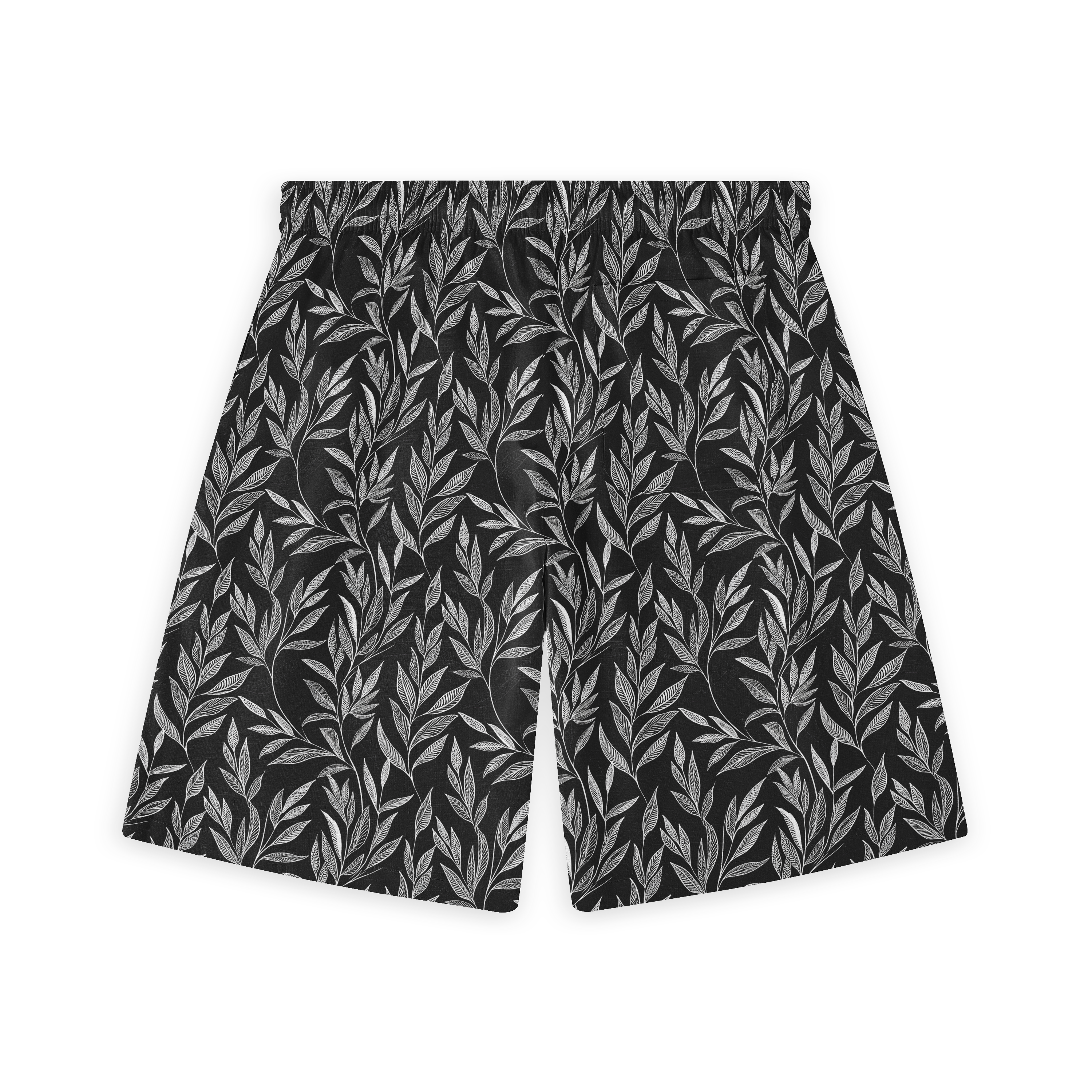 Black shorts with white leaf pattern, featuring a wide leg.