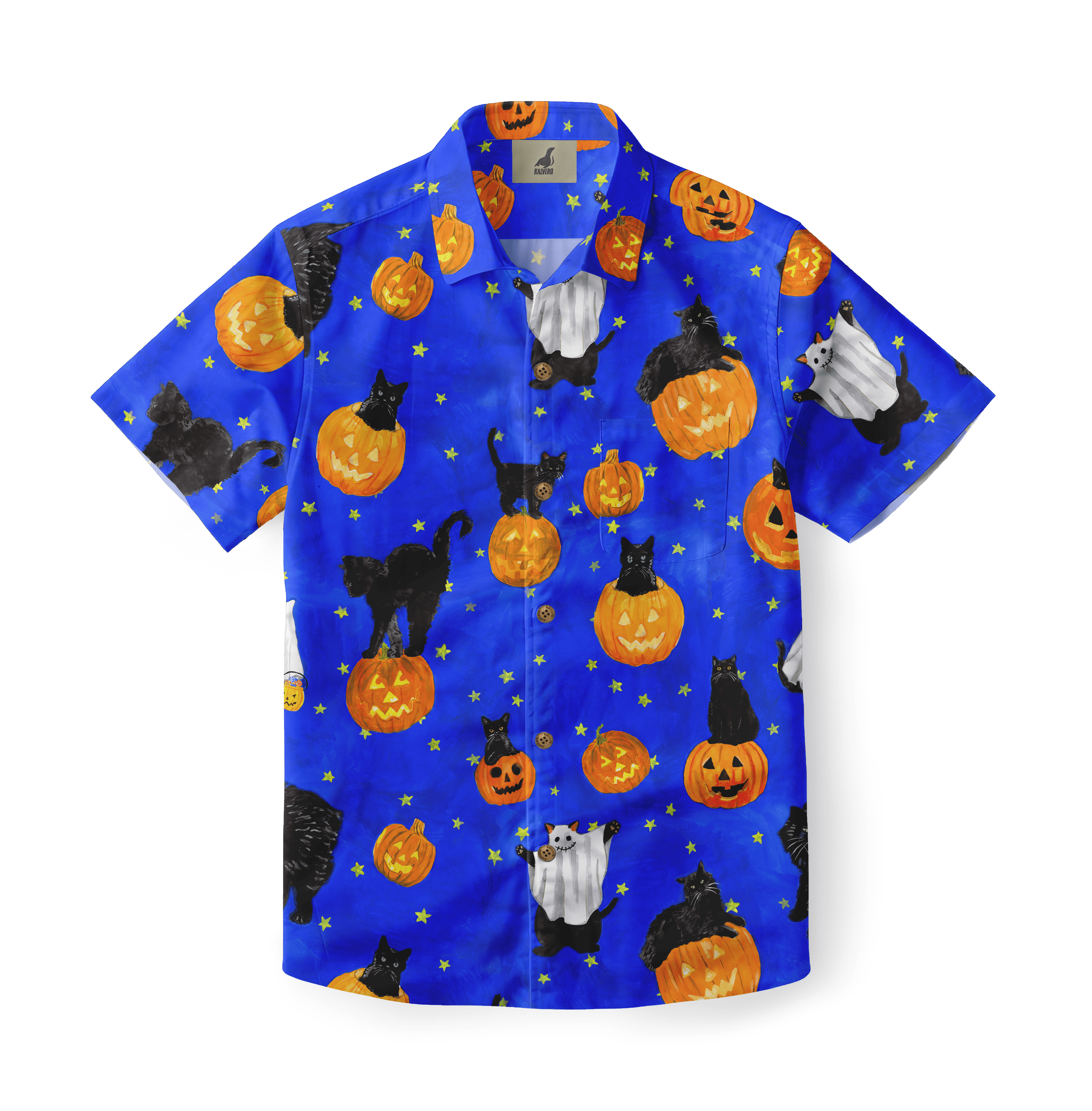Blue Hawaiian shirt with Halloween theme: black cats.