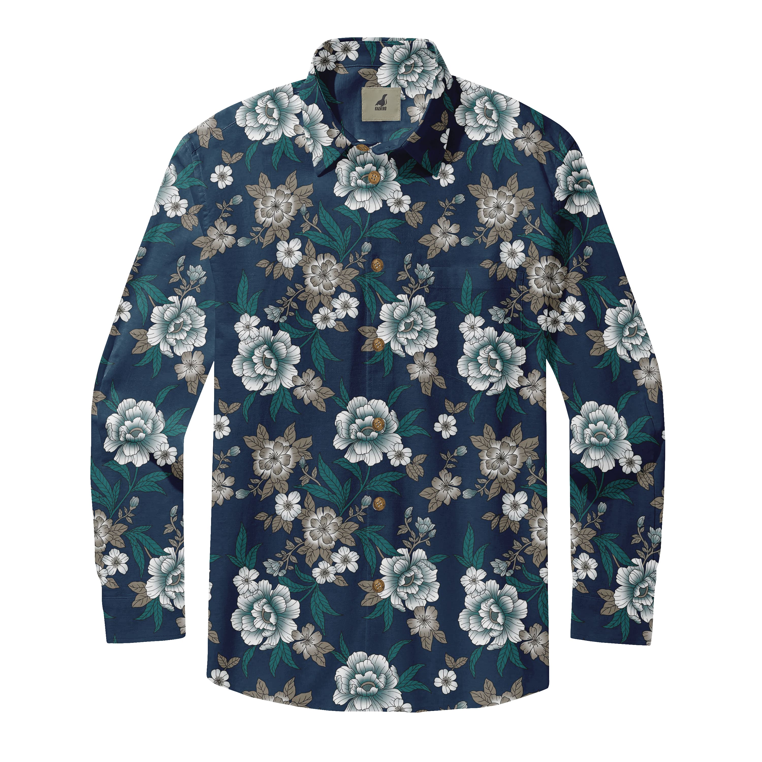 Navy Tropical Floral Long Sleeve Hawaiian Shirt
