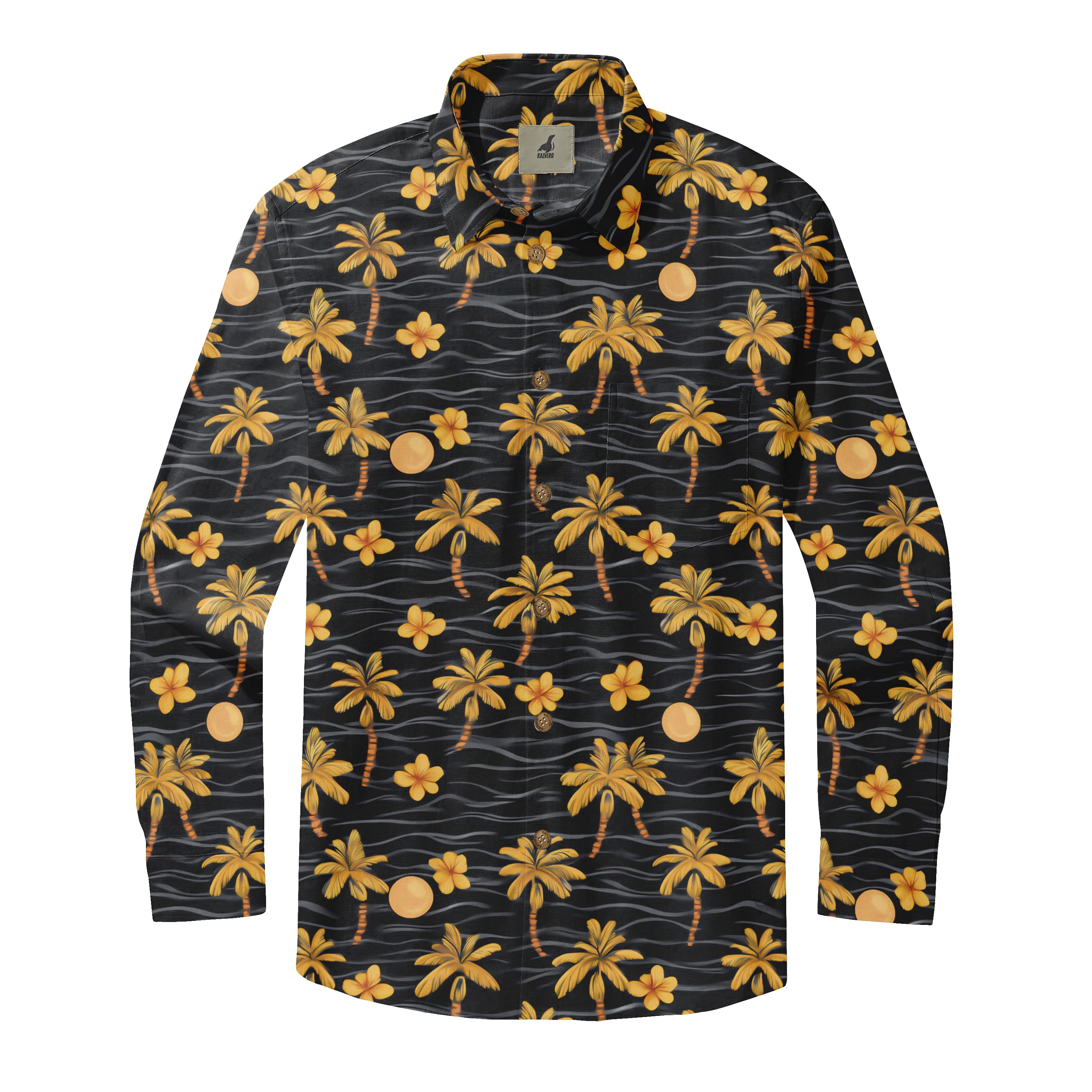 Black Gold Palm Tree Long Sleeve Hawaiian Shirt