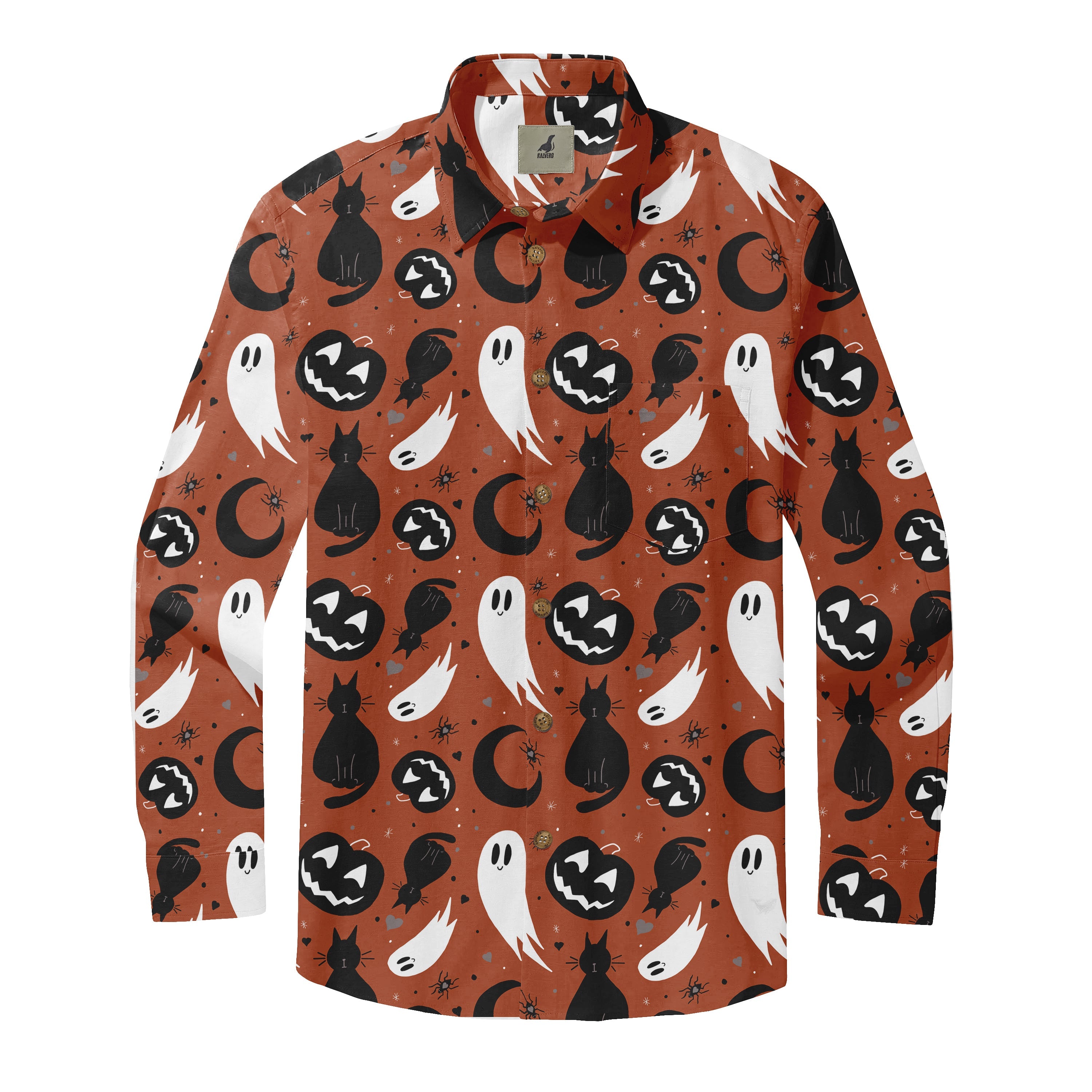 Halloween-themed shirt with black cats, ghosts, pumpkins, and moons.