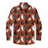 Halloween-themed shirt with black cats, ghosts, pumpkins, and moons.