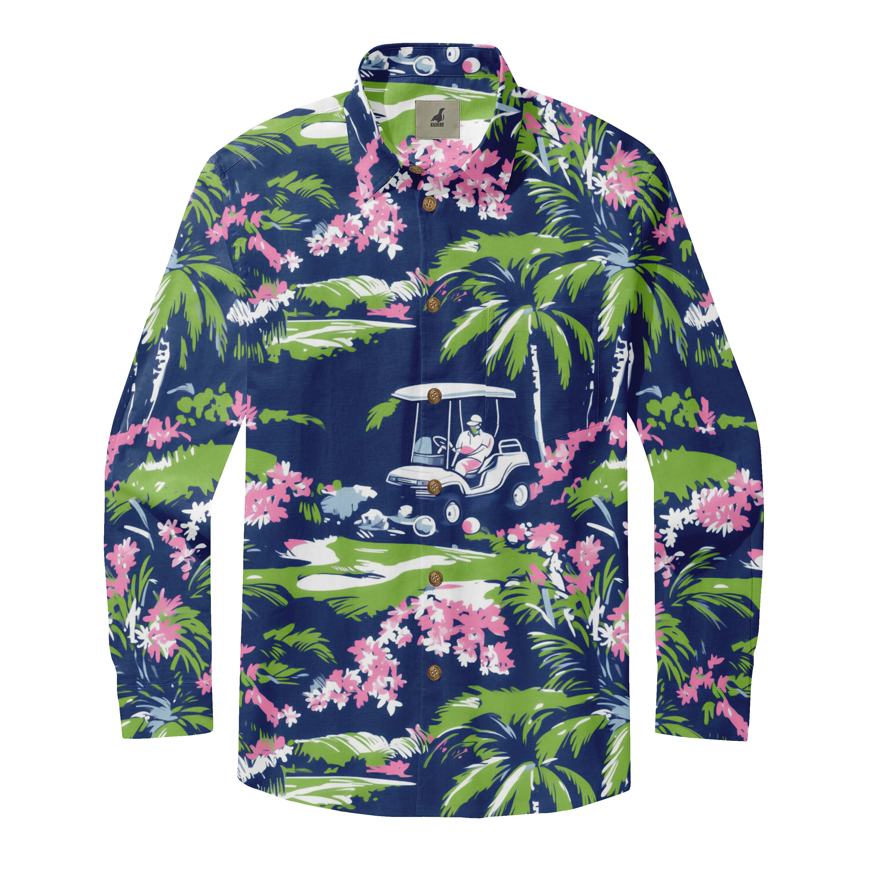 Navy Tropical Floral Vintage Car Long Sleeve Hawaiian Shirt