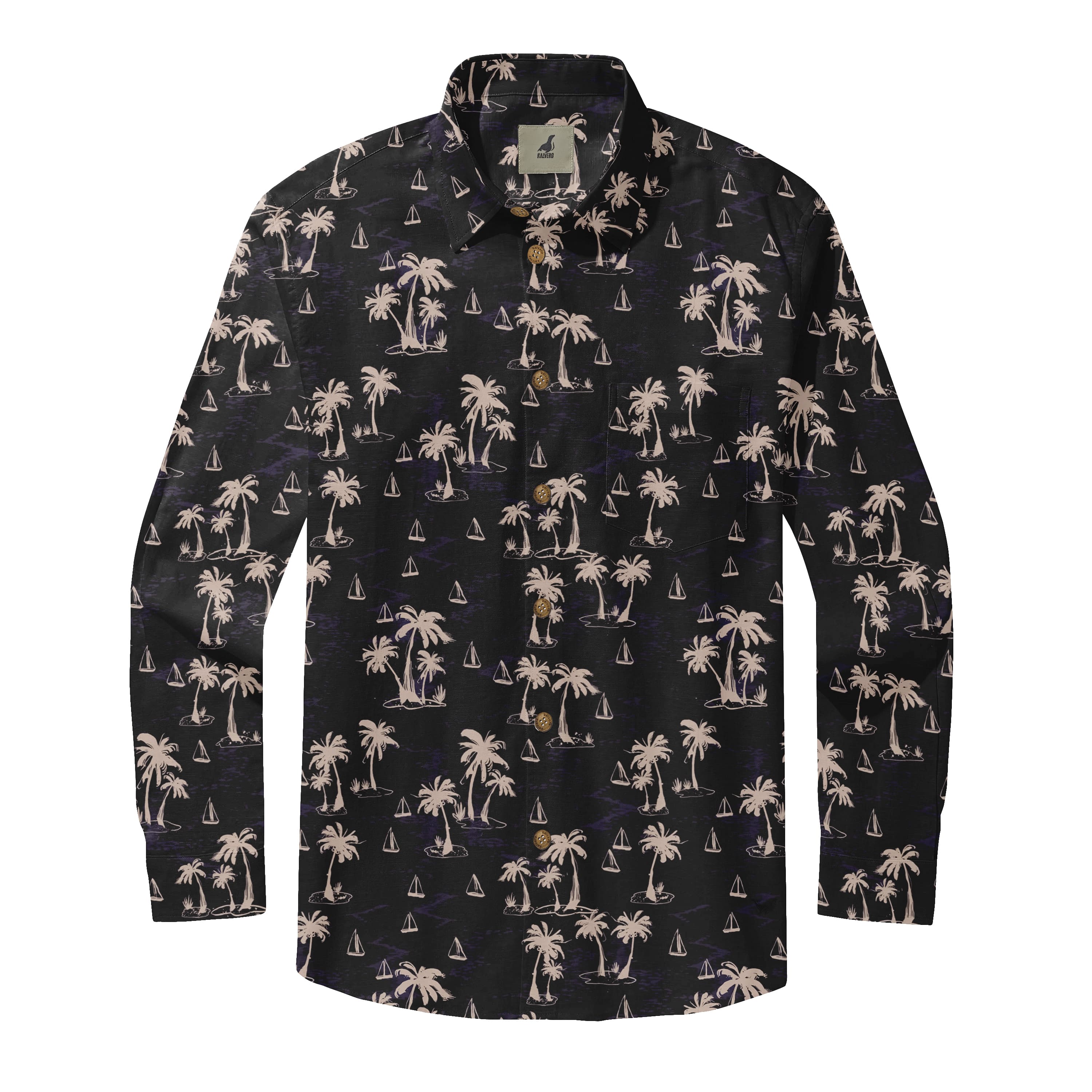 Black Palm Trees & Sailboats Long Sleeve Hawaiian Shirt