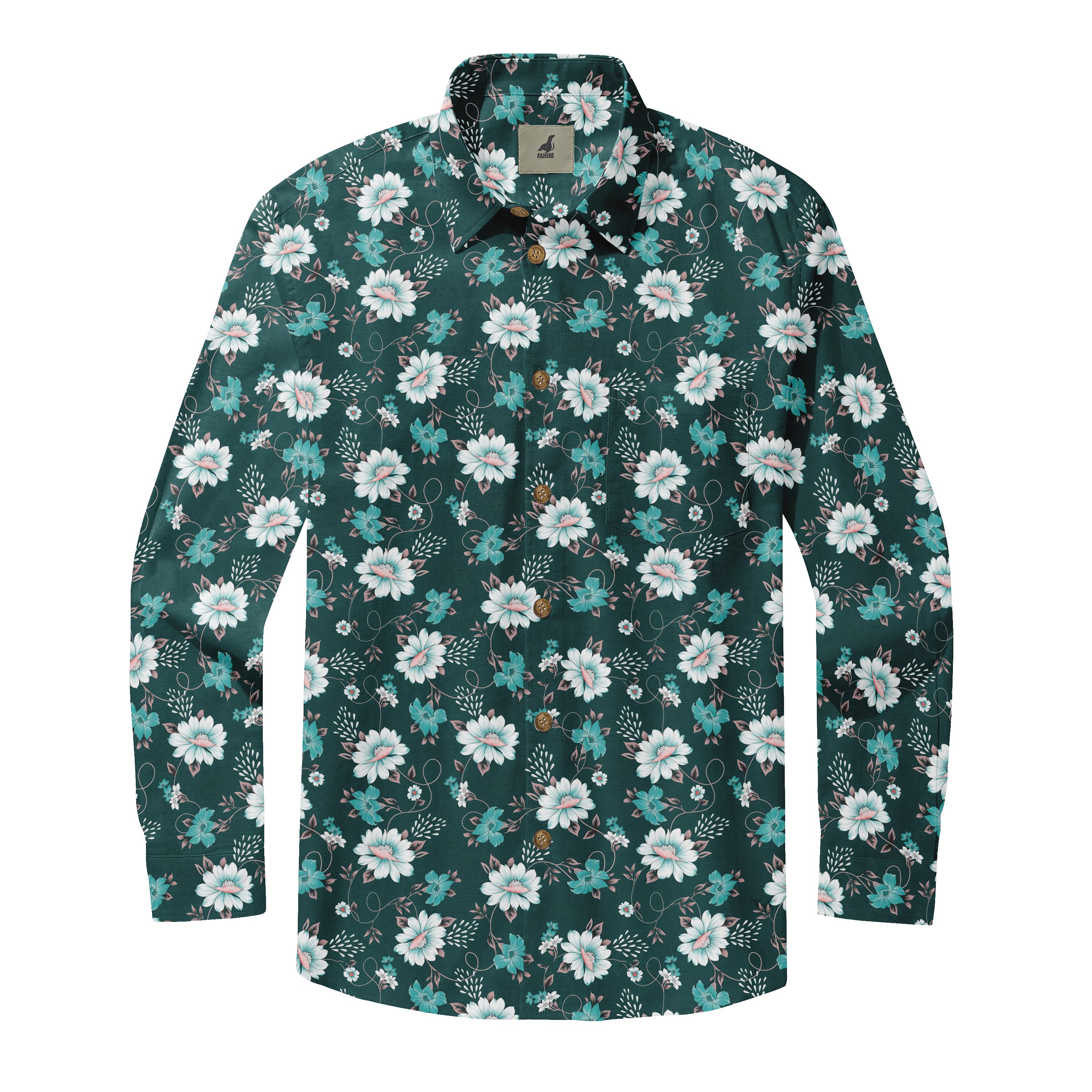 Dark Green Tropical Floral Long Sleeve Hawaiian Shirt