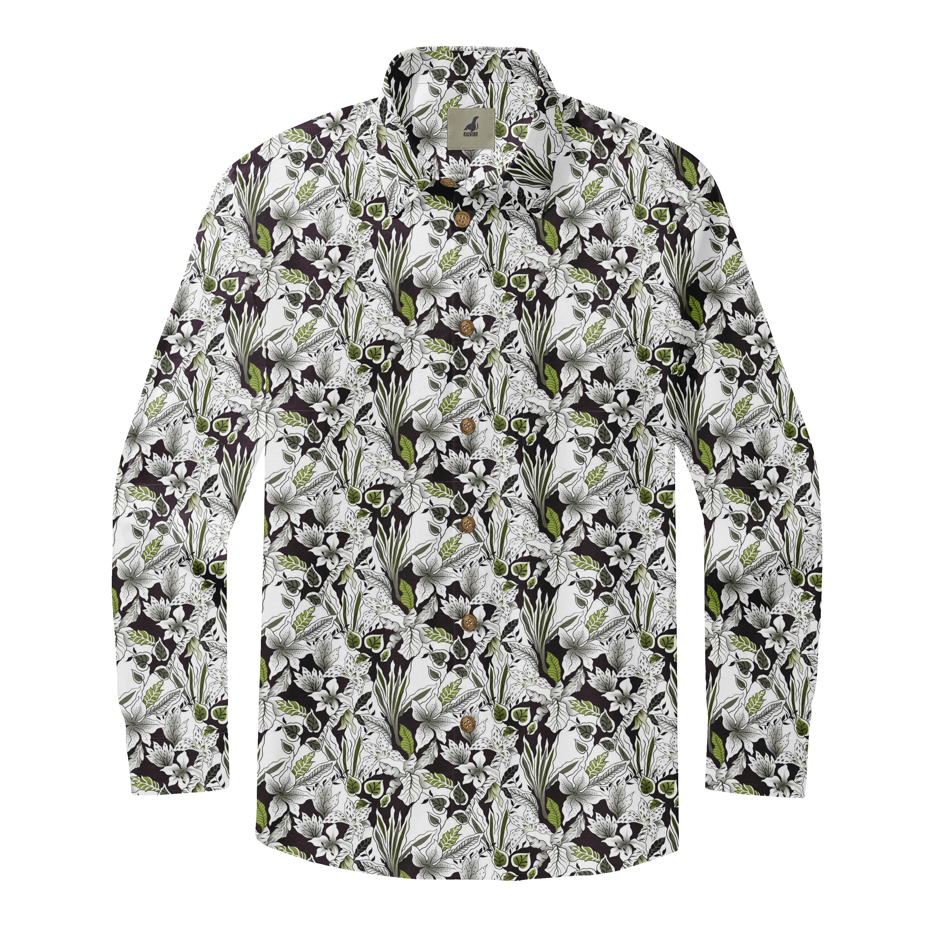 Black and White Tropical Floral Long Sleeve Hawaiian Shirt