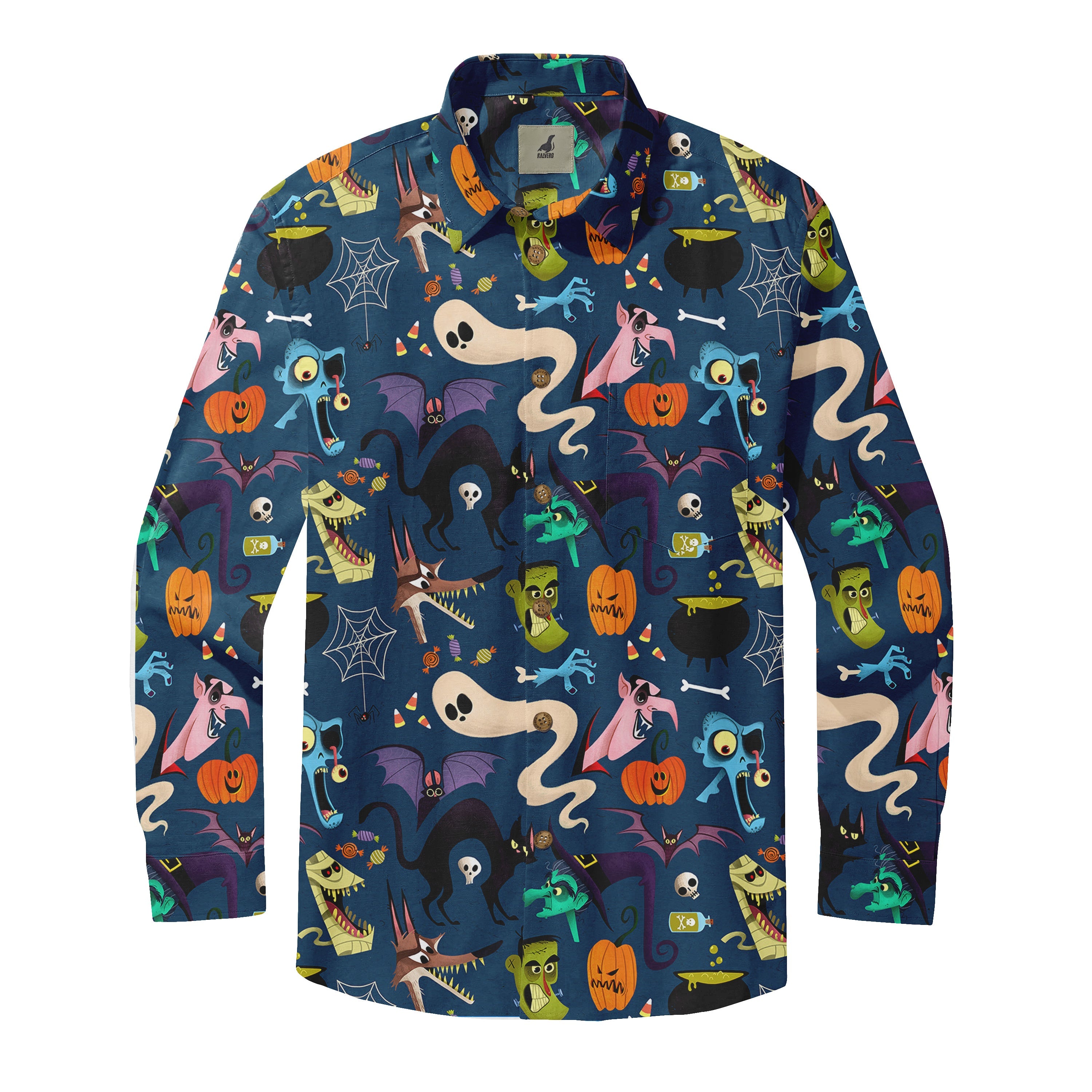 Halloween-themed shirt with colorful cartoon monsters, pumpkins.