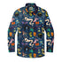 Halloween-themed shirt with colorful cartoon monsters, pumpkins.